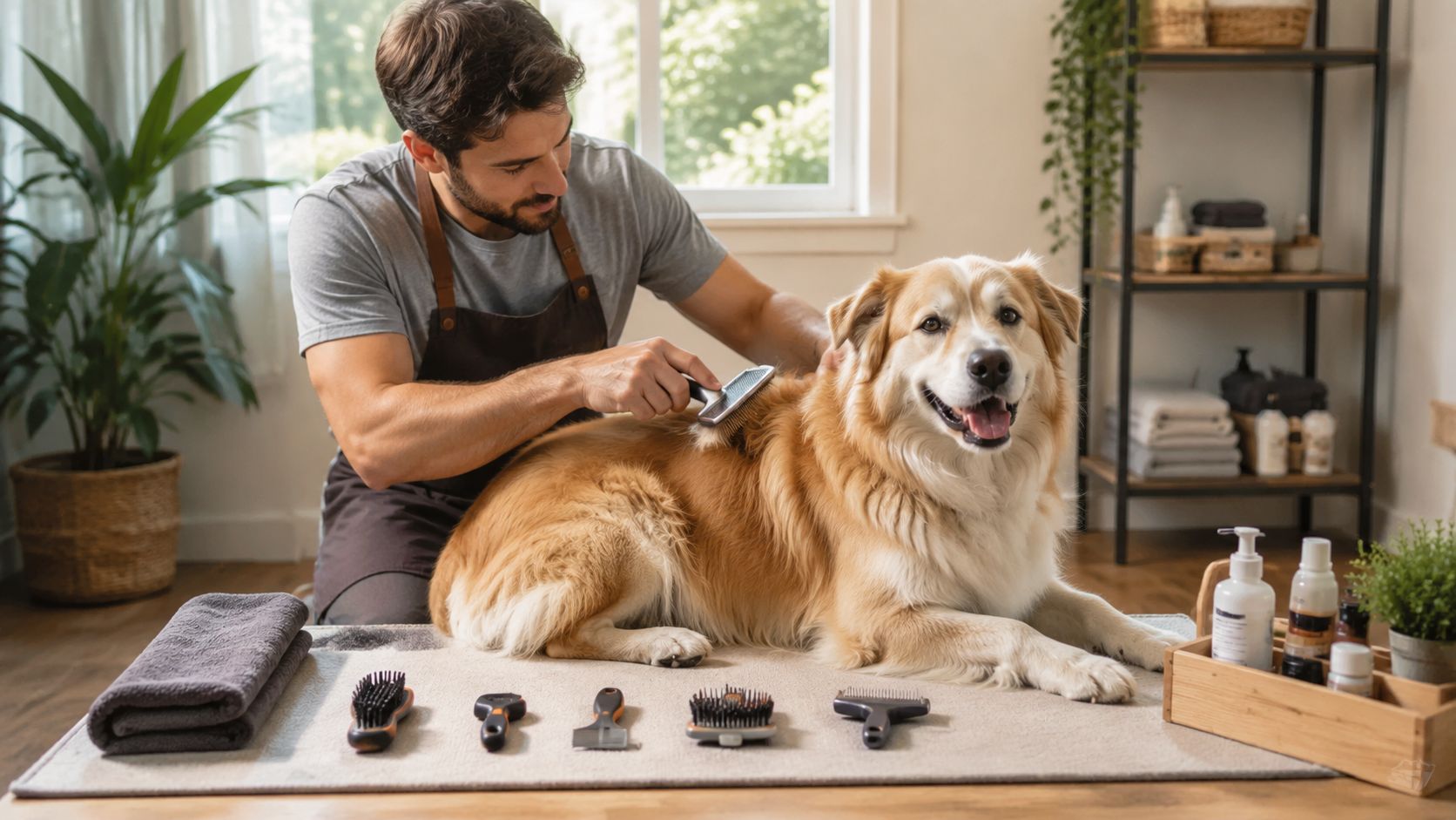 A professional groomer carefully brushes a golden-colored dog with a specialized tool to manage shedding.