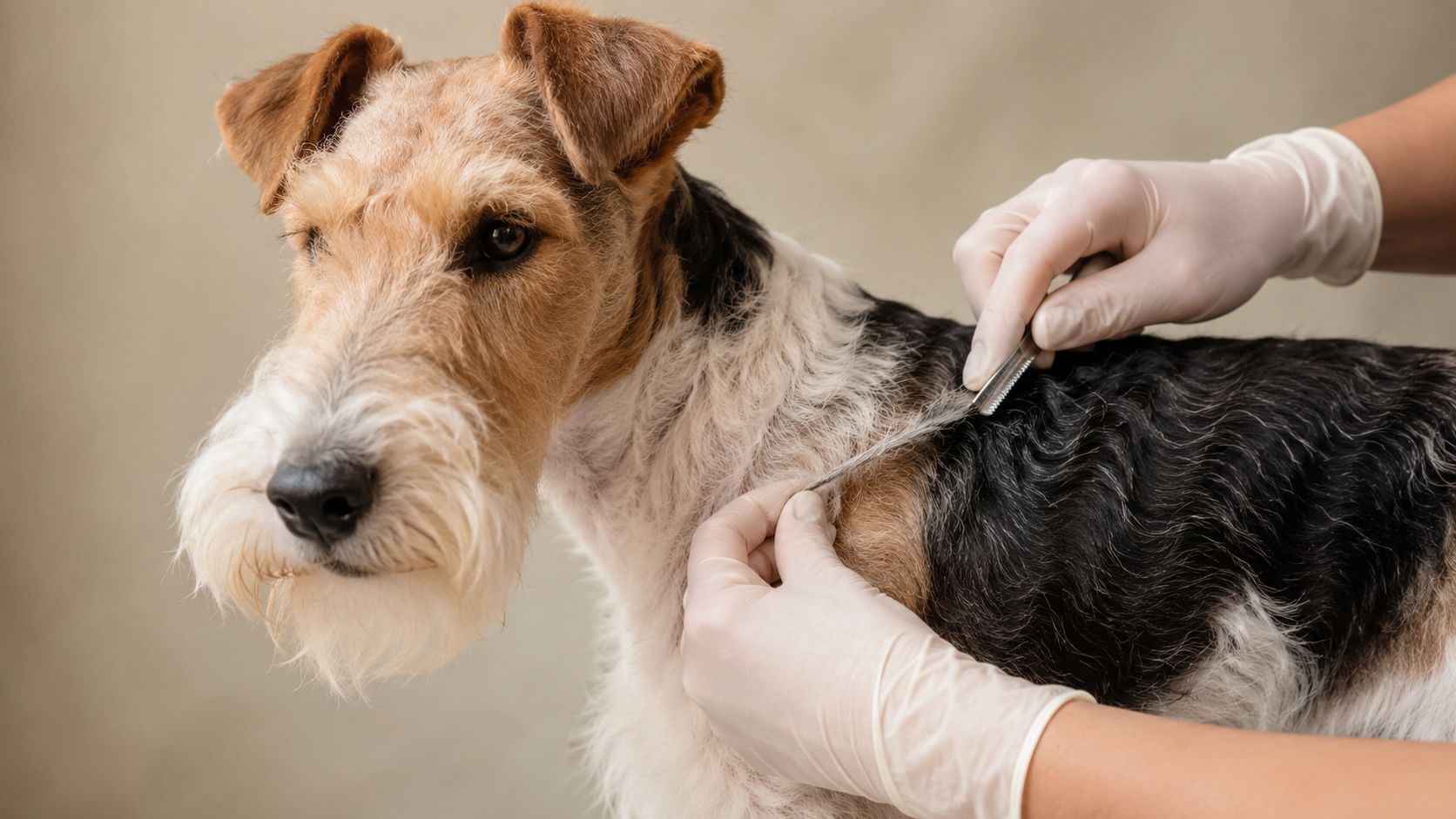 A professional groomer uses a stripping knife to groom the coat of a Wire Fox Terrier.
