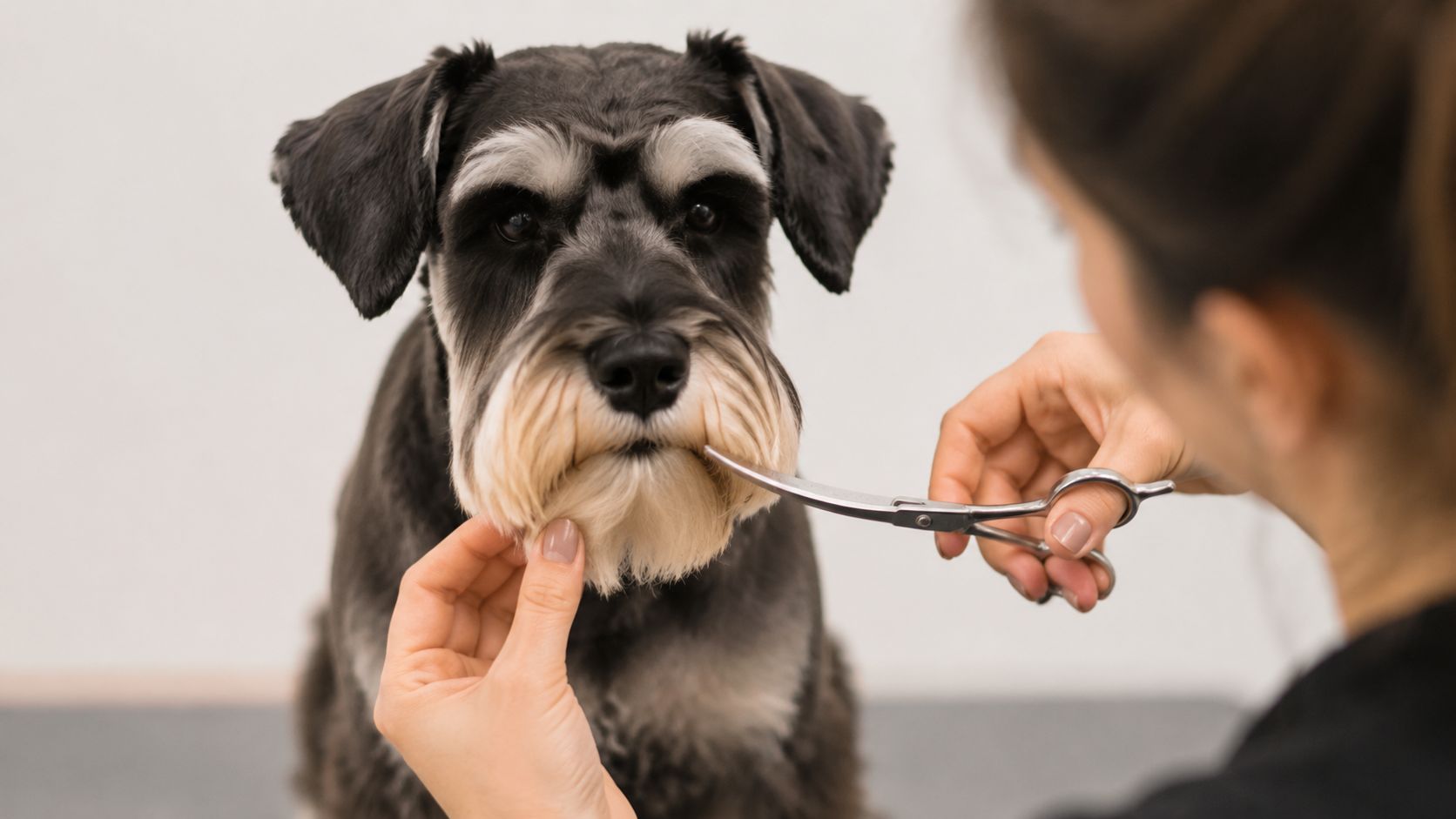 A professional groomer uses scissors to trim the beard of a black and silver Schnauzer dog.