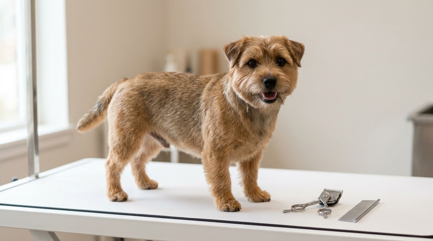 A happy brown terrier dog standing on a professional grooming table with metal clippers and a comb.
