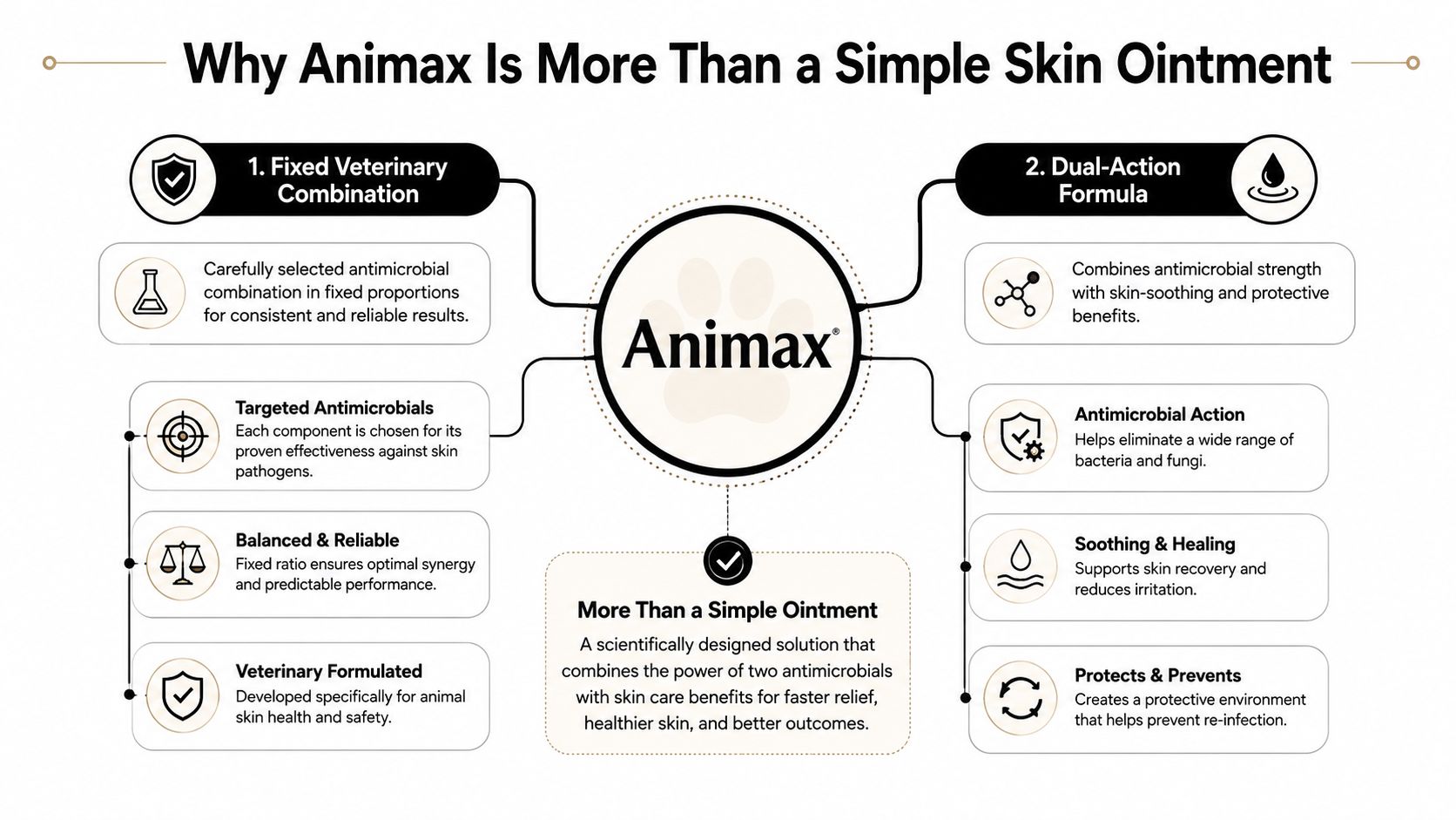 An infographic titled Why Animax Is More Than a Simple Skin Ointment explaining its veterinary benefits.