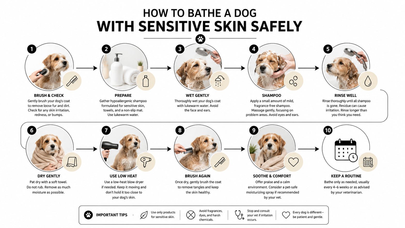 A 10-step infographic showing how to safely bathe a dog with sensitive skin using gentle products.
