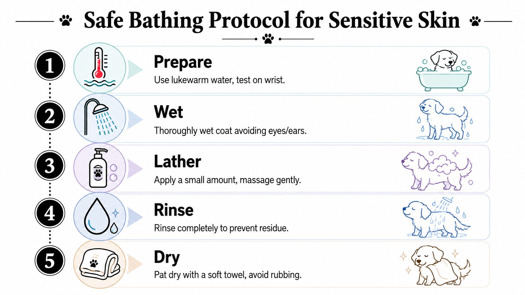 A five-step infographic showing how to safely bathe a dog with sensitive skin at home.