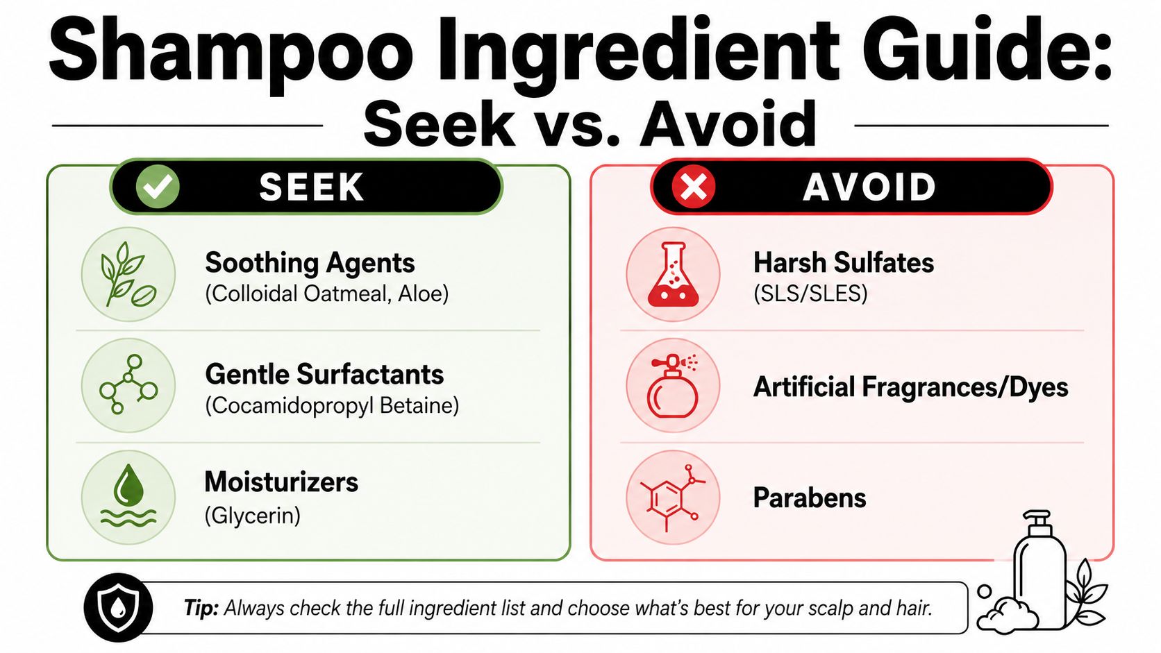 A helpful infographic guide listing ingredients to seek and avoid when choosing shampoo for sensitive skin.