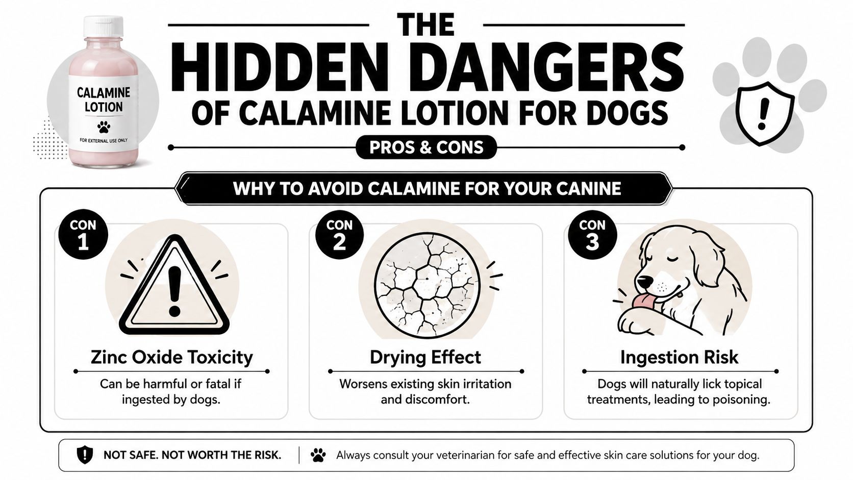 An infographic detailing why calamine lotion is unsafe for dogs due to toxicity and ingestion risks.
