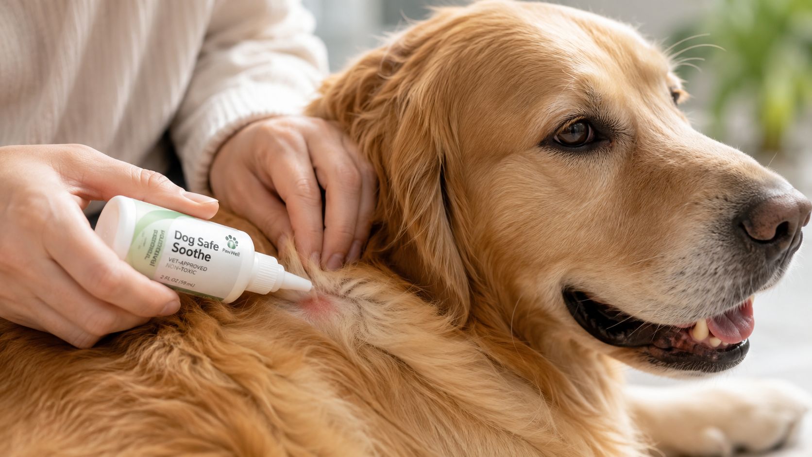 A person applying a medicated soothing liquid onto an irritated red patch of skin on a dog.