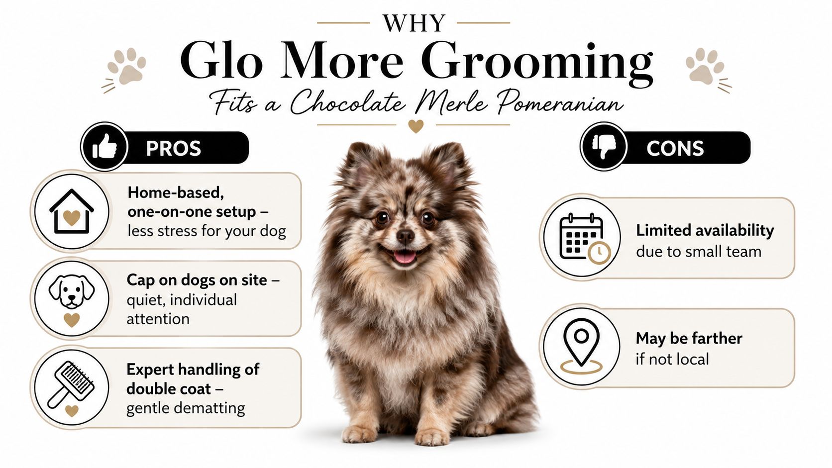 A graphic comparing the pros and cons of Glo More Grooming for a chocolate merle Pomeranian.