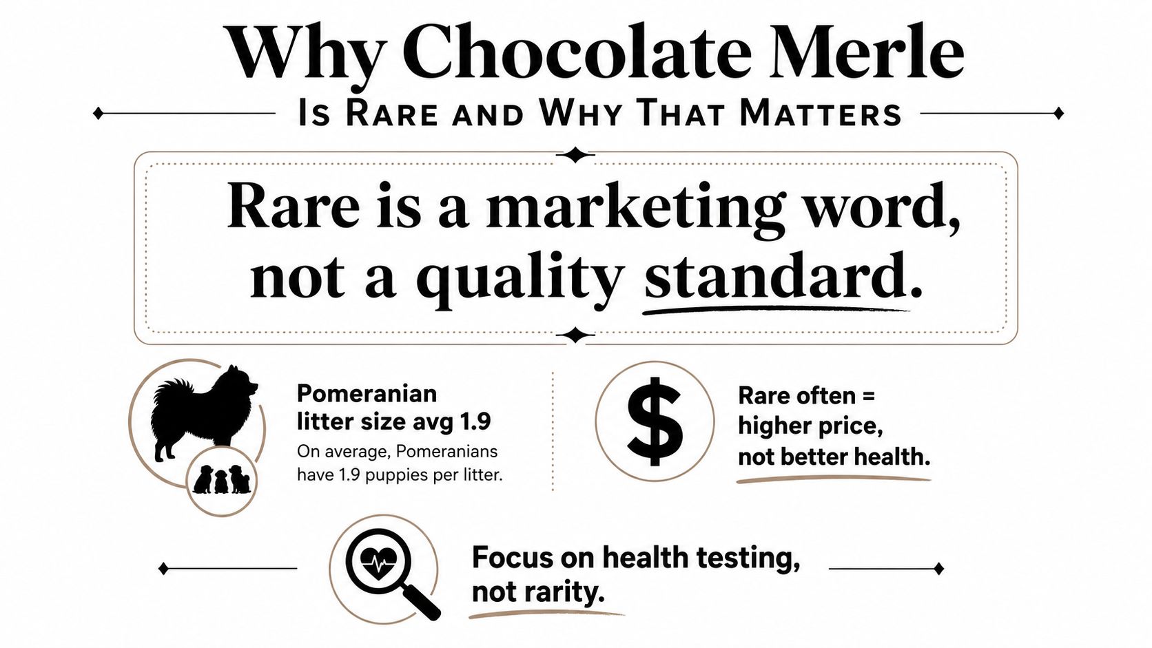 An infographic explaining that chocolate merle is a marketing term rather than a standard of quality.