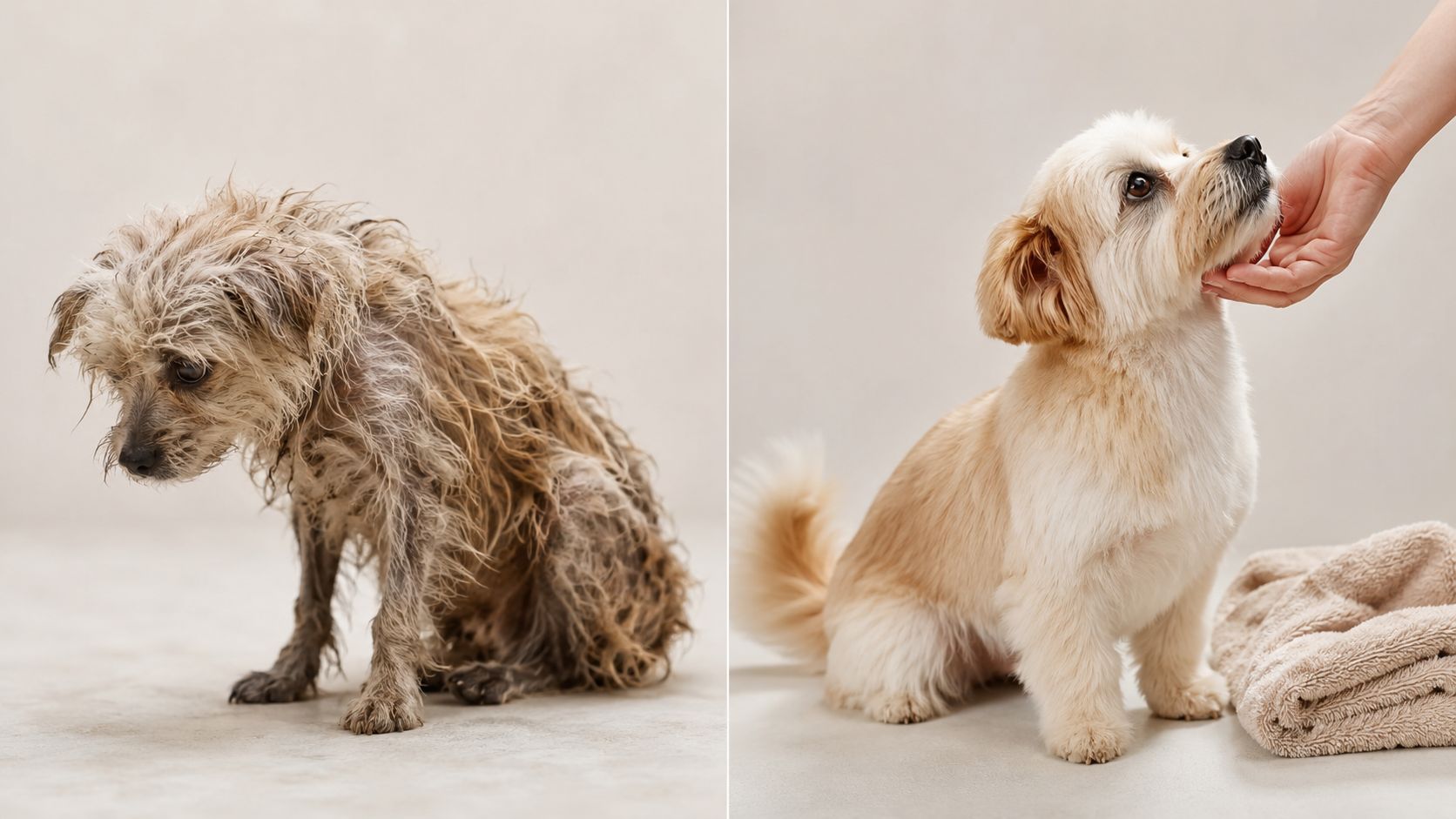 A split image showing a disheveled dirty puppy compared to a clean, well-groomed dog after bathing.