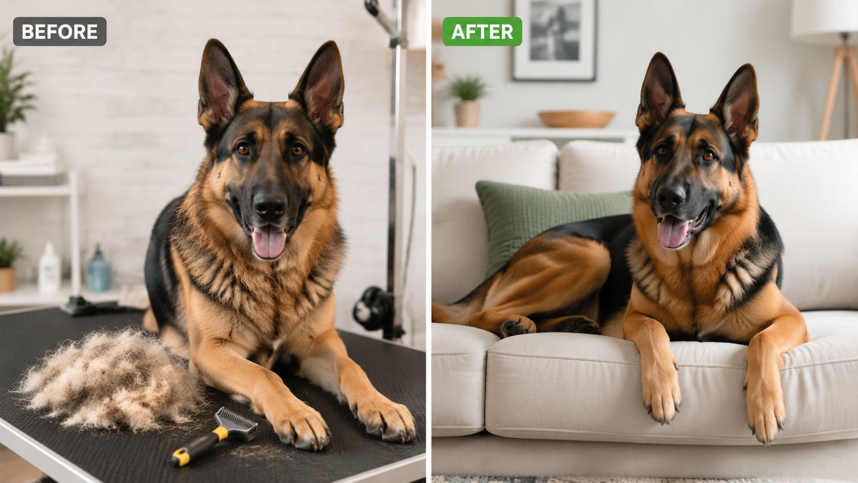 A German Shepherd dog shown before professional grooming with shed fur and after relaxing on a couch.