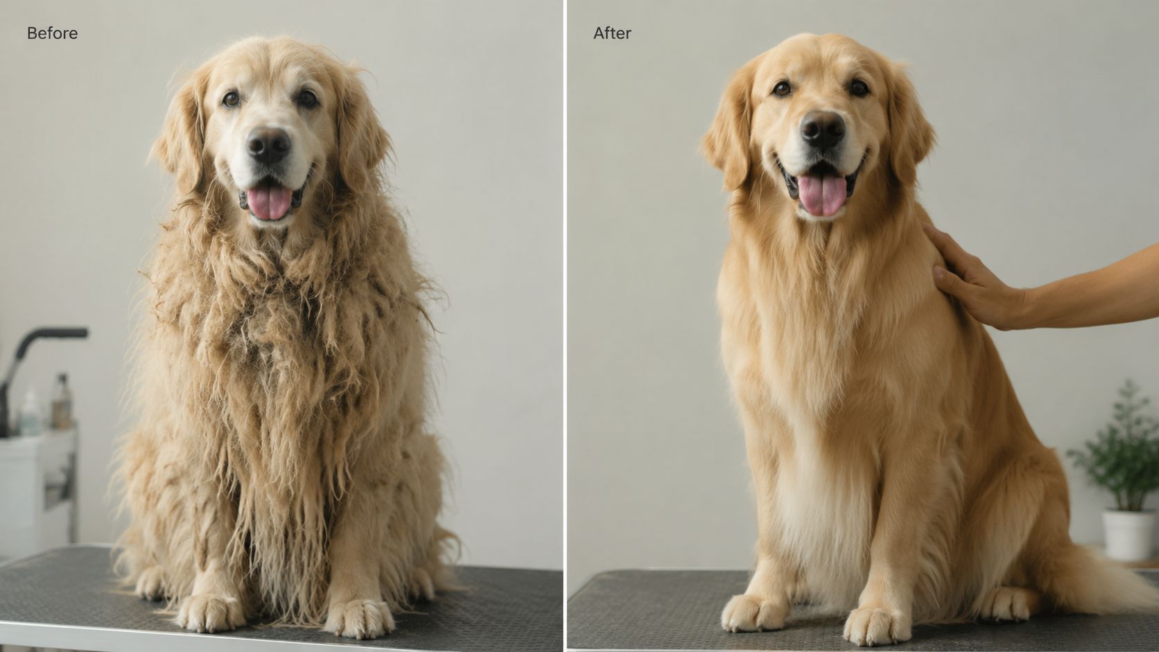 A split screen comparing a golden retriever's unkempt, shaggy fur before professional grooming to its smooth appearance after.