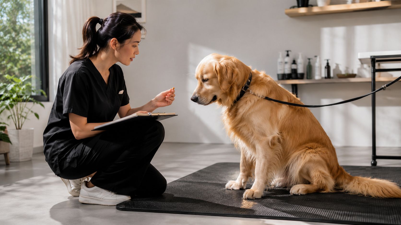 A professional groomer in black scrubs crouching to offer a treat to a calm golden retriever dog.