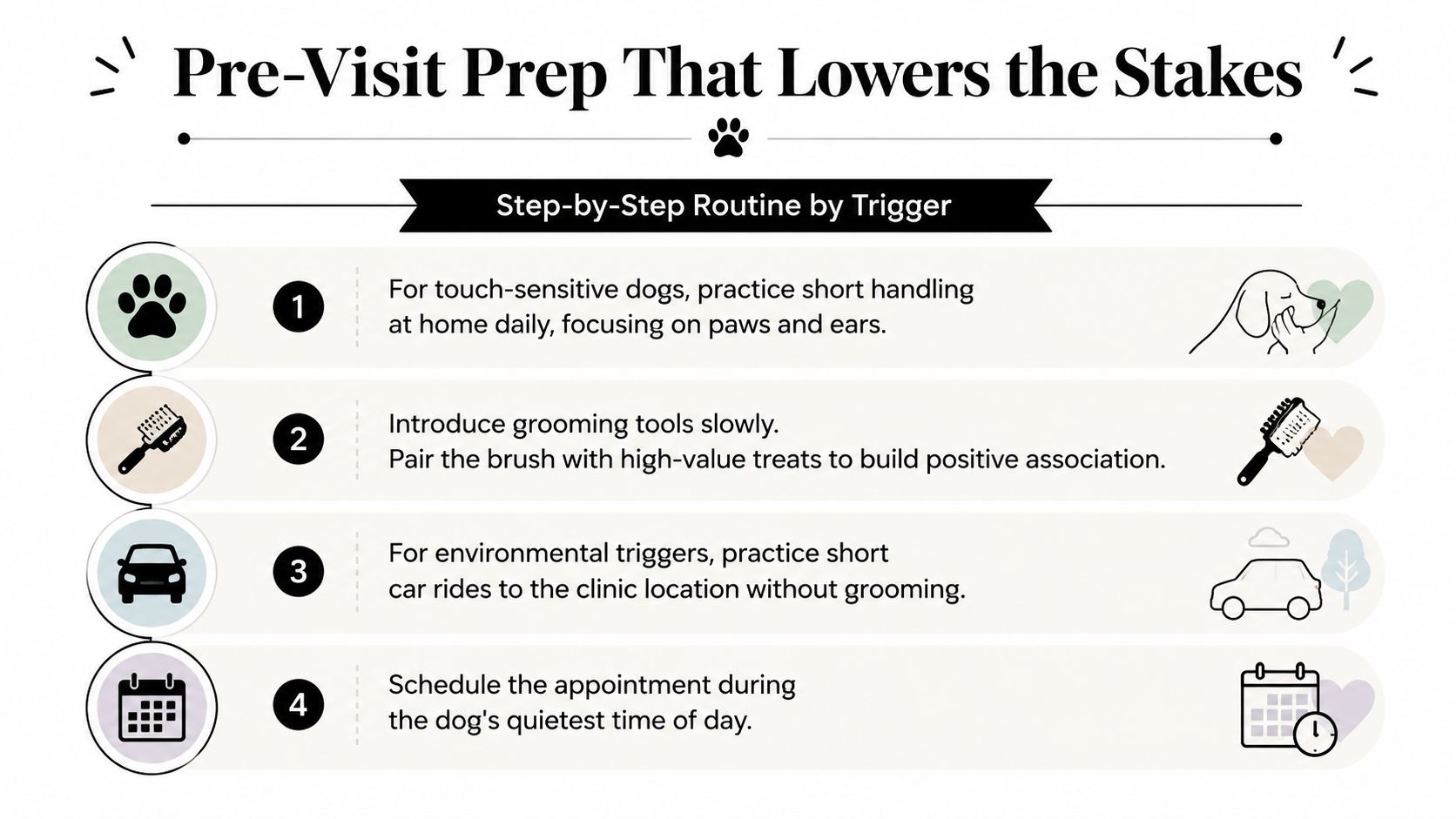 A step-by-step infographic titled Pre-Visit Prep That Lowers the Stakes providing advice for grooming reactive dogs.
