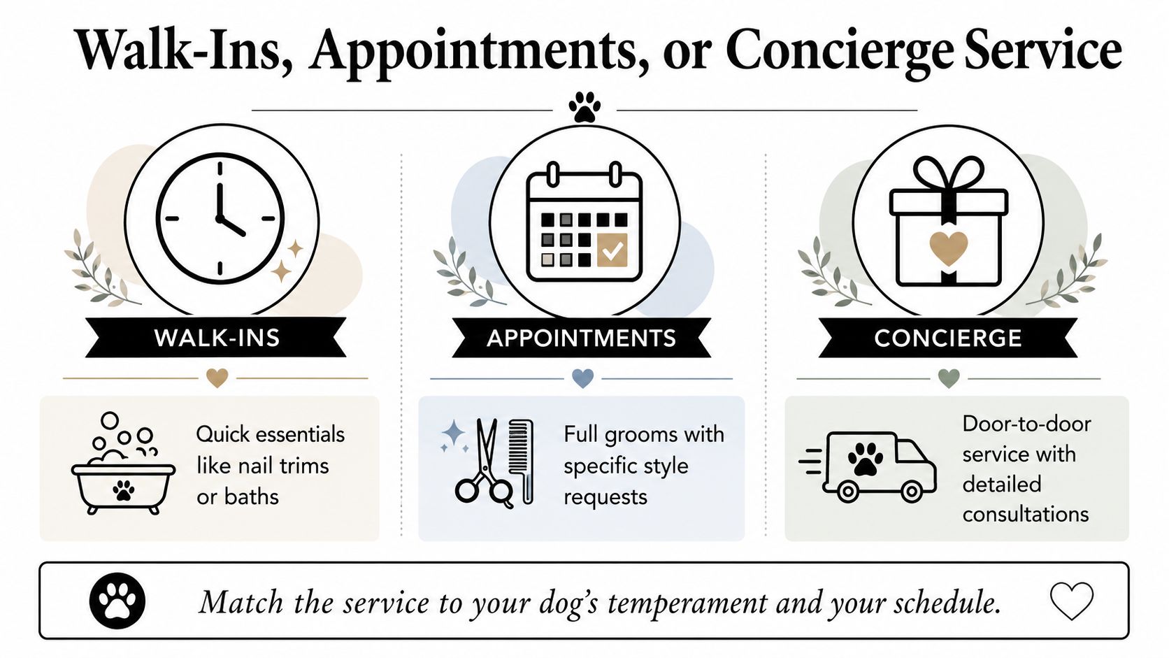 A visual guide explaining options for dog grooming including walk-ins, appointments, and concierge service.