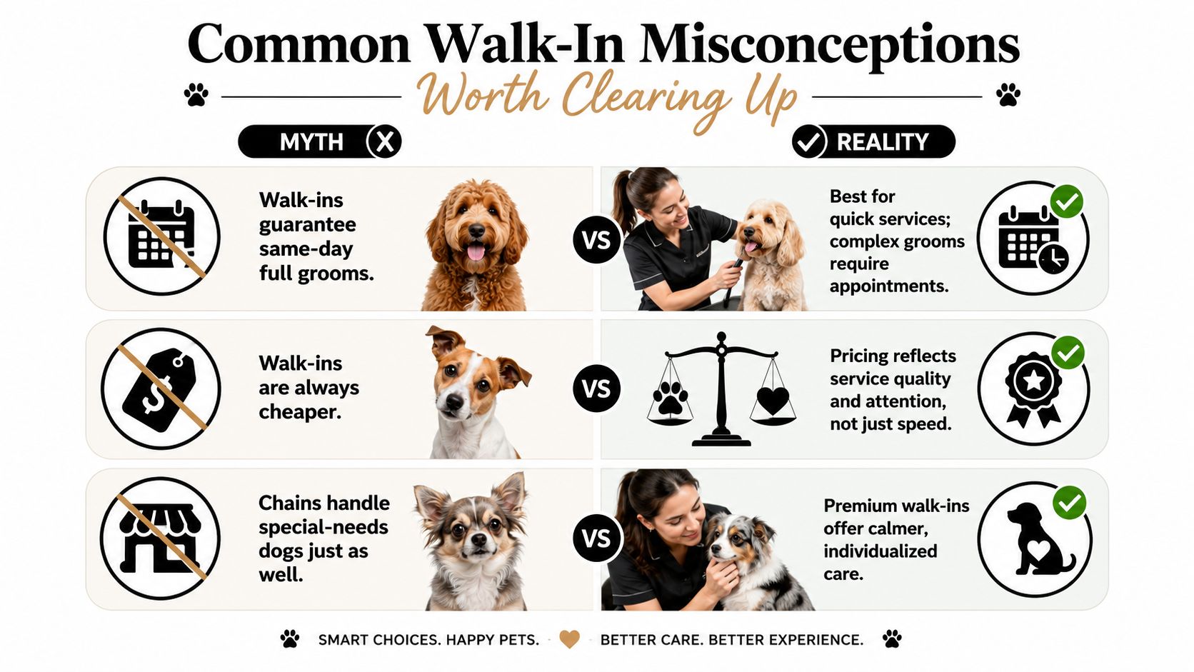 An infographic titled Common Walk-In Misconceptions comparing myths and realities regarding professional dog grooming services.
