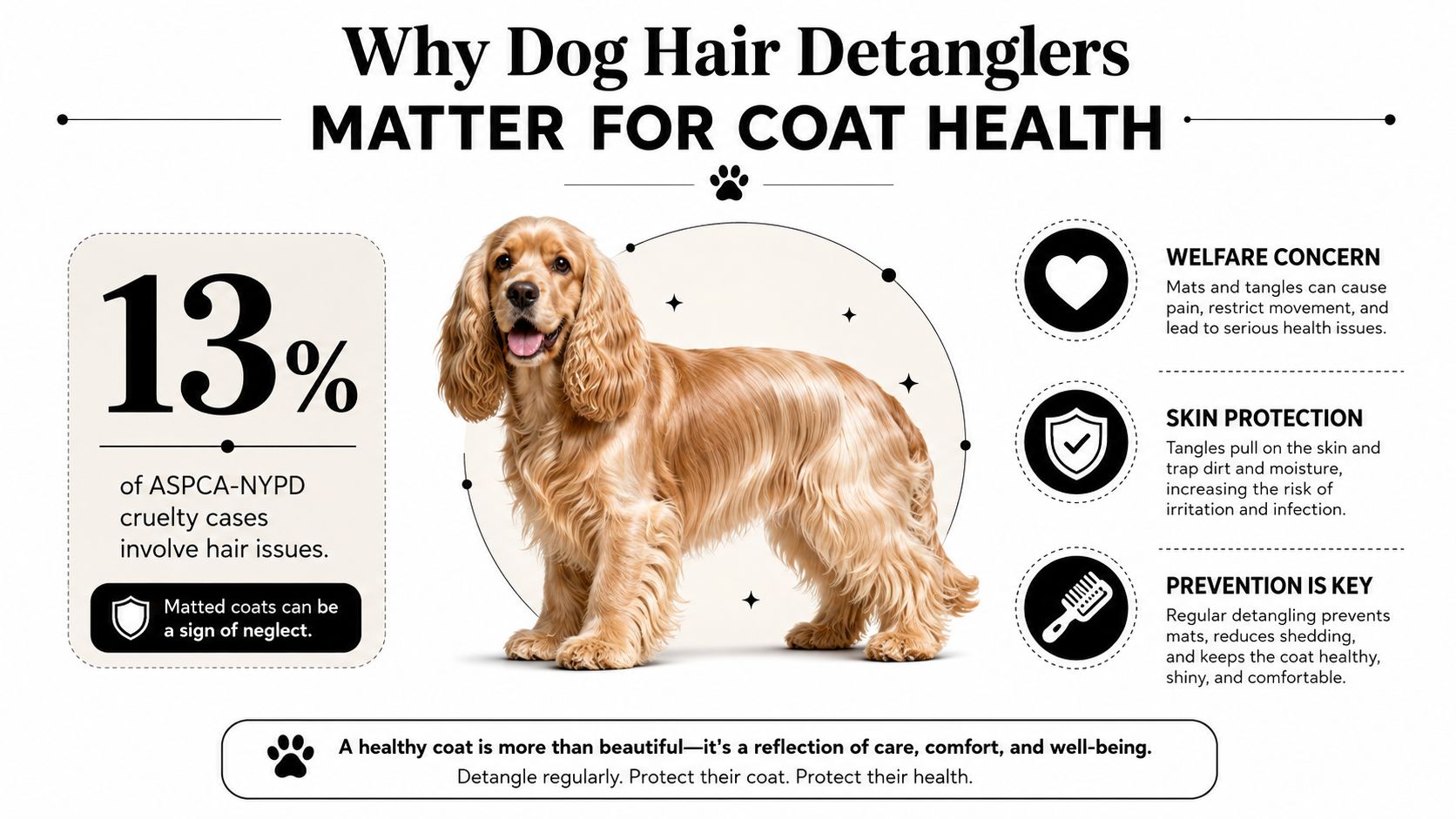 An infographic showing the importance of dog hair detanglers for coat health and animal welfare.