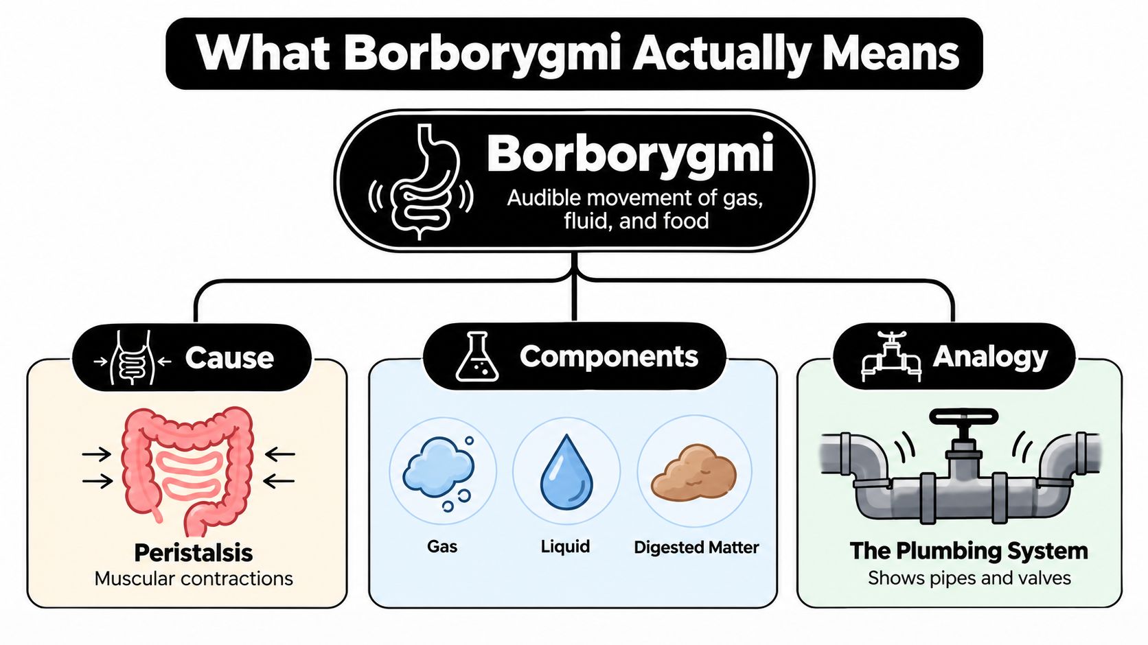 A diagram explaining borborygmi, showing that stomach gurgling is caused by peristalsis moving gas, liquid, and food.