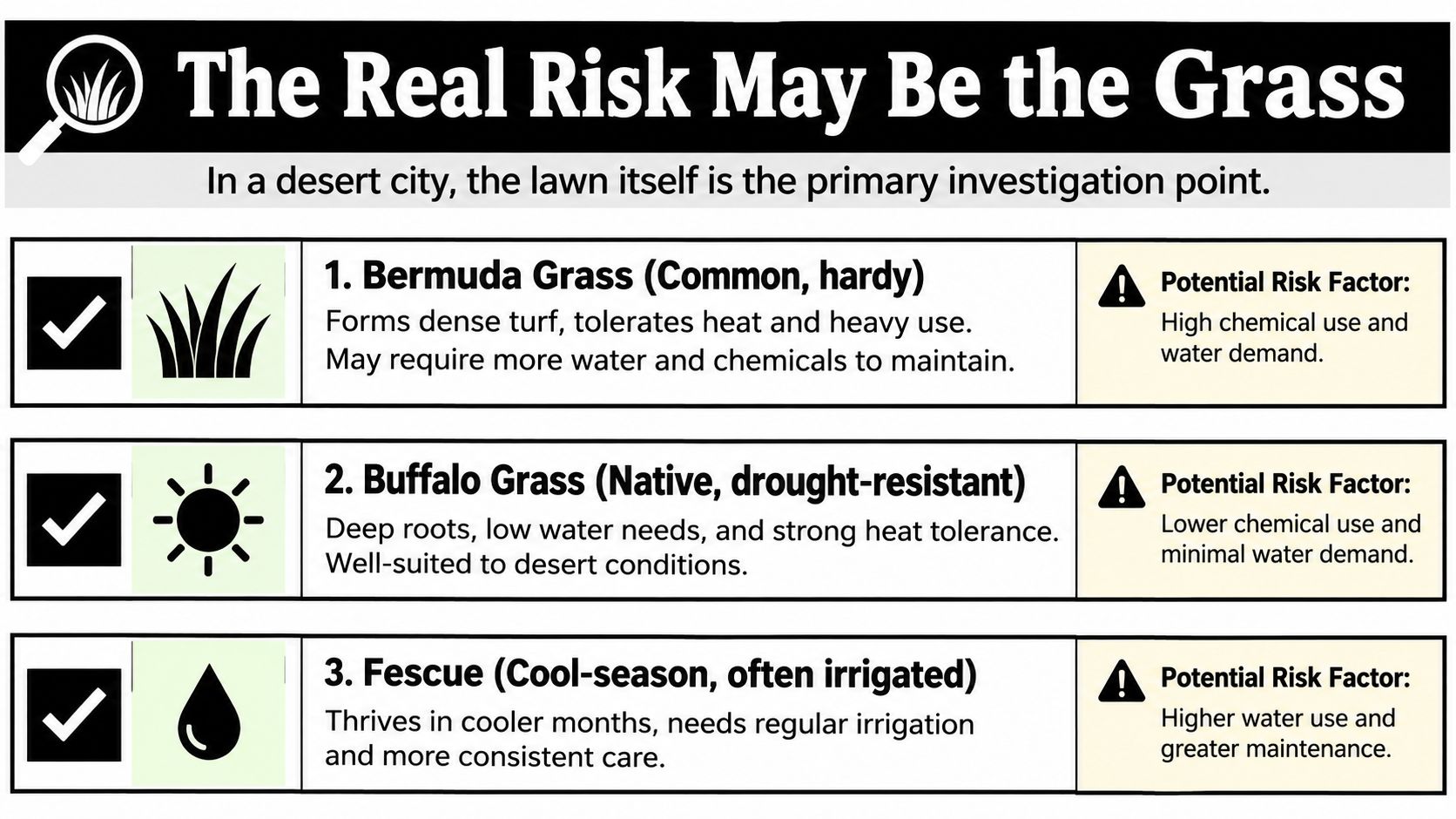 A chart comparing different types of grass, highlighting their water and chemical maintenance needs in desert environments.