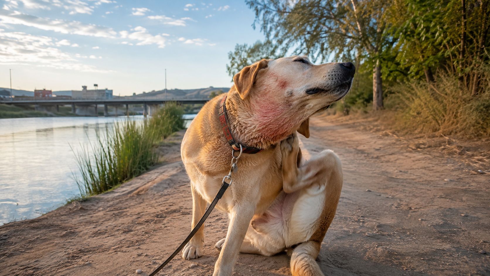 A yellow Labrador Retriever scratching an itchy, red skin irritation on its neck near a riverbank.