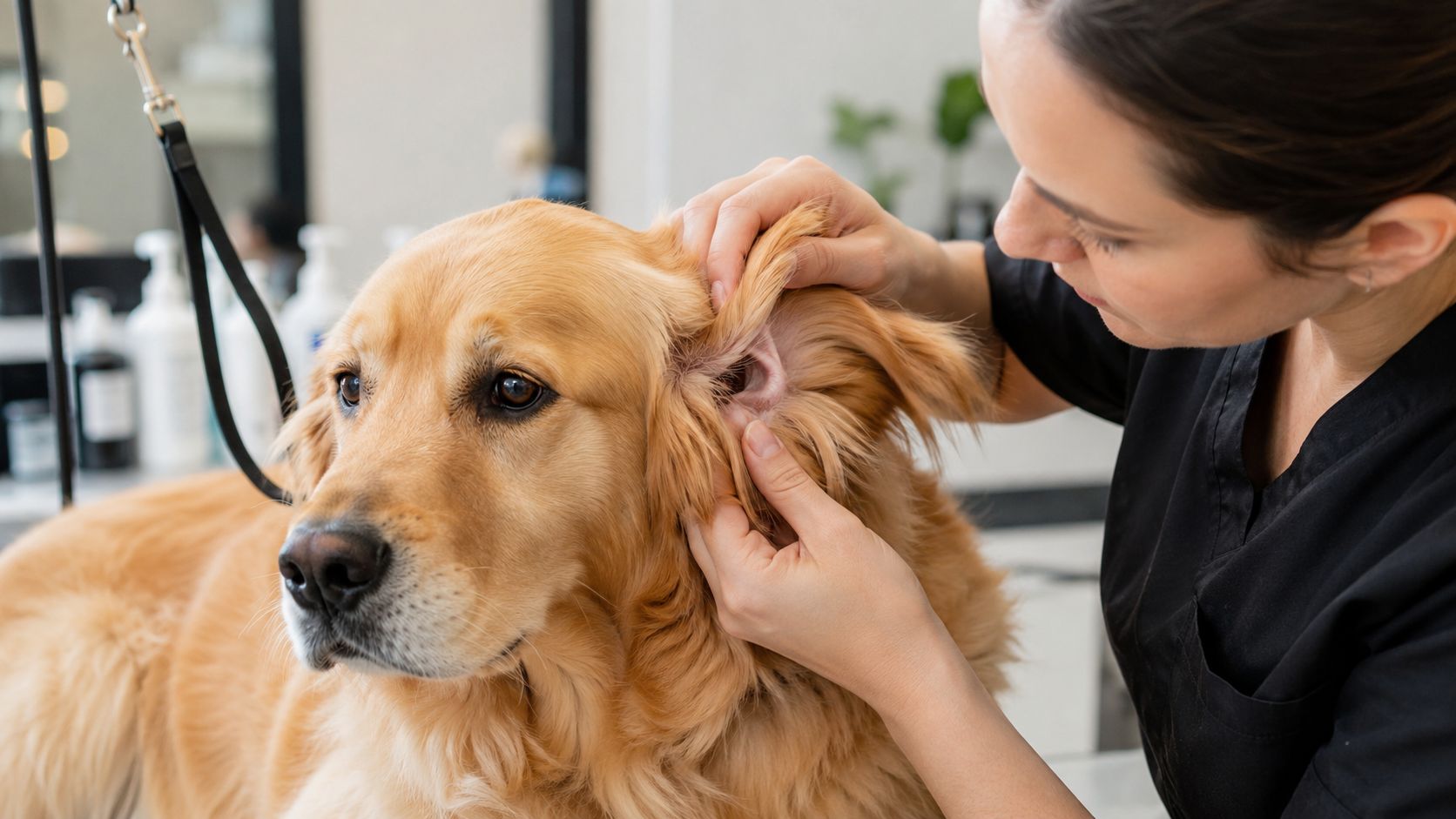 A professional dog groomer carefully examining the ear of a golden retriever during a grooming session.