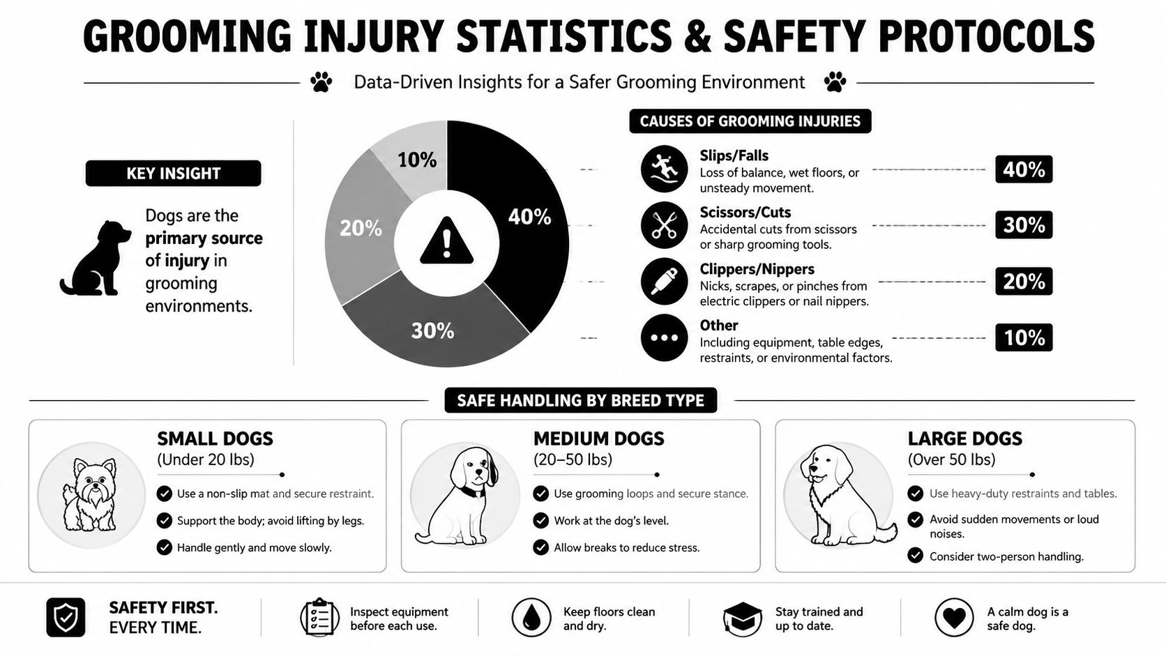 An infographic detailing common grooming injury statistics, causes, and safety protocols for different sizes of dog breeds.
