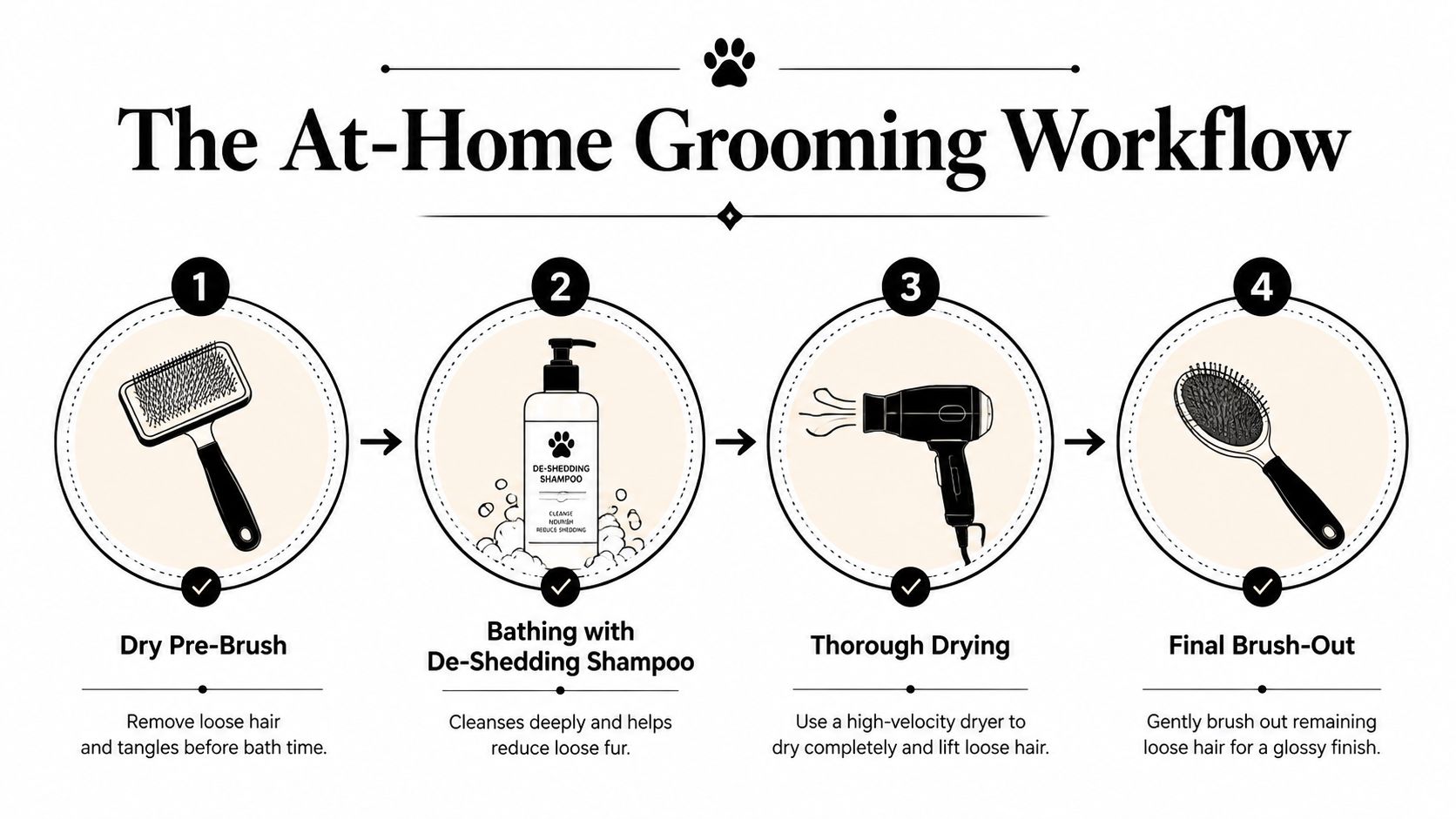 A four-step infographic illustrating an effective at-home dog grooming workflow for reducing shedding and maintaining coat health.