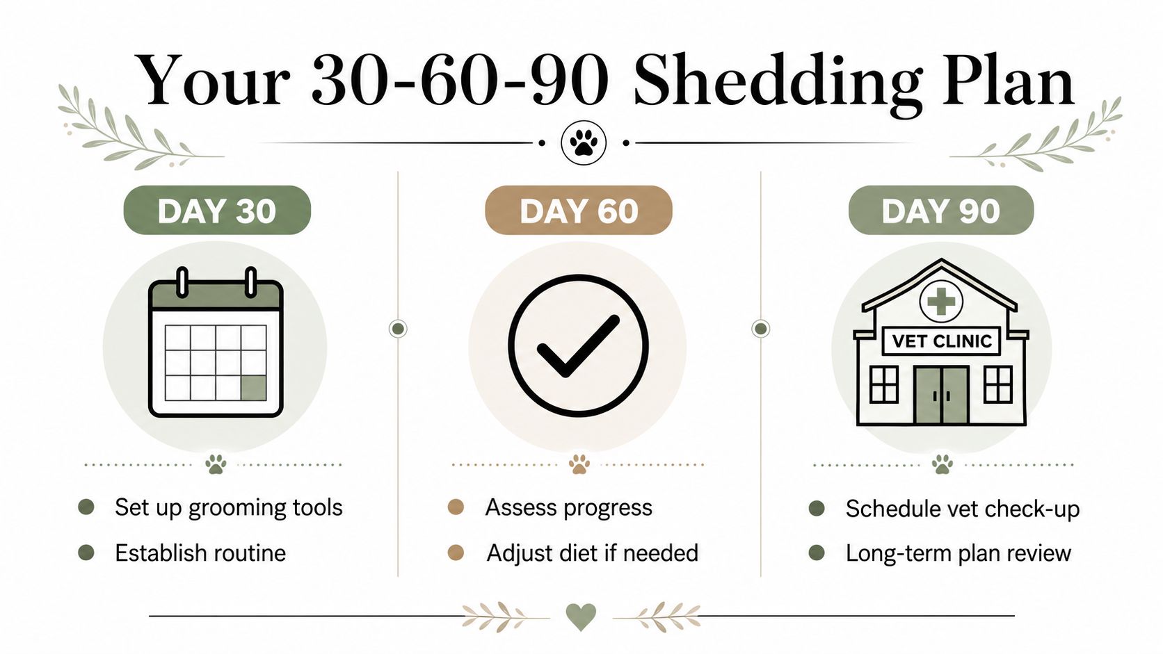 A 30-60-90 day schedule chart outlining steps to manage and reduce pet shedding effectively.