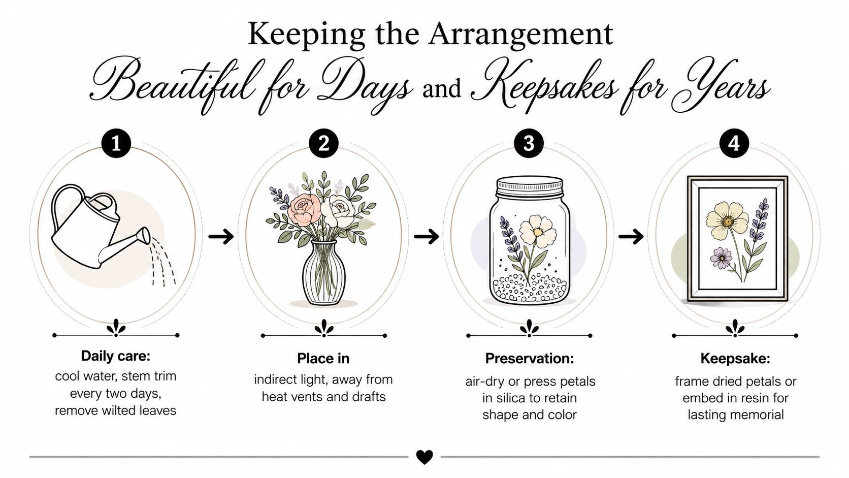 An infographic detailing four steps to care for fresh floral arrangements and preserve them as lasting keepsakes.