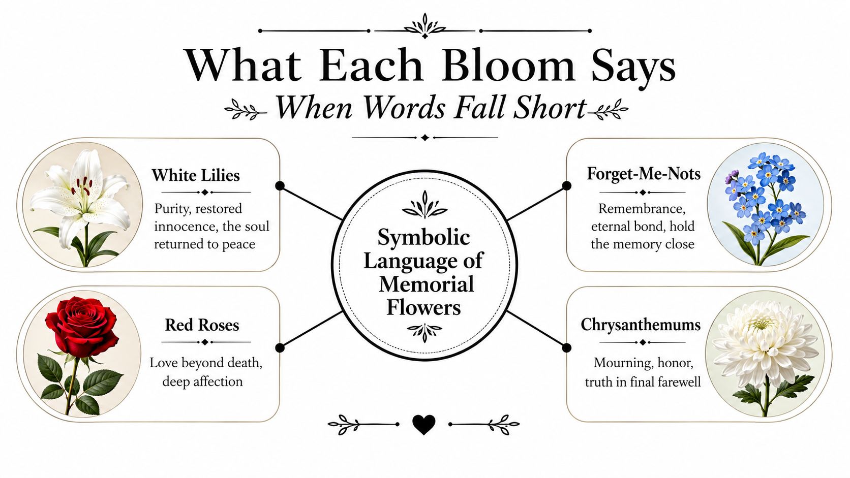 An infographic titled What Each Bloom Says explaining the symbolic meaning of memorial flowers for grieving.