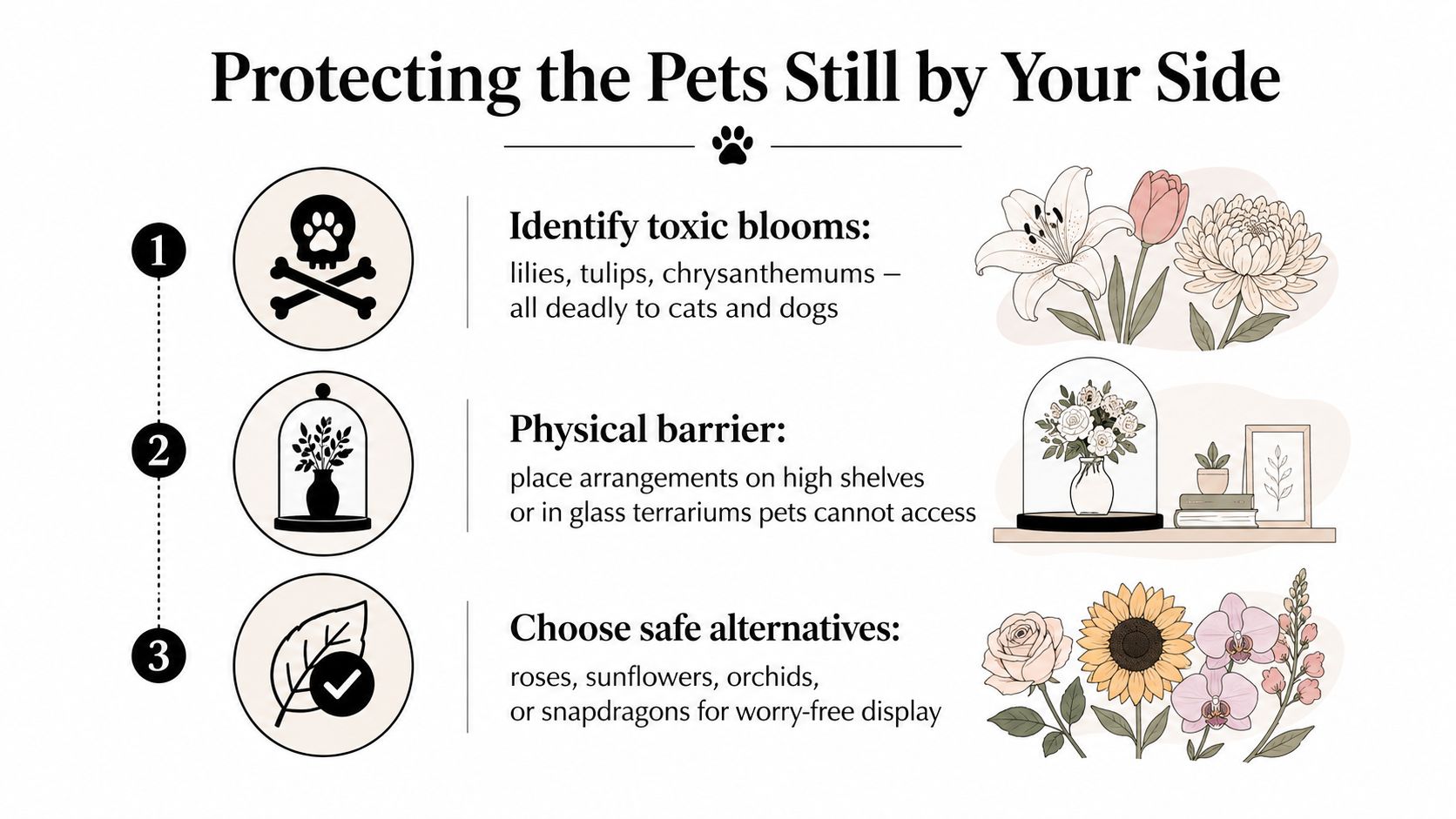 An infographic titled Protecting the Pets Still by Your Side, illustrating tips for keeping floral arrangements away from cats and dogs.