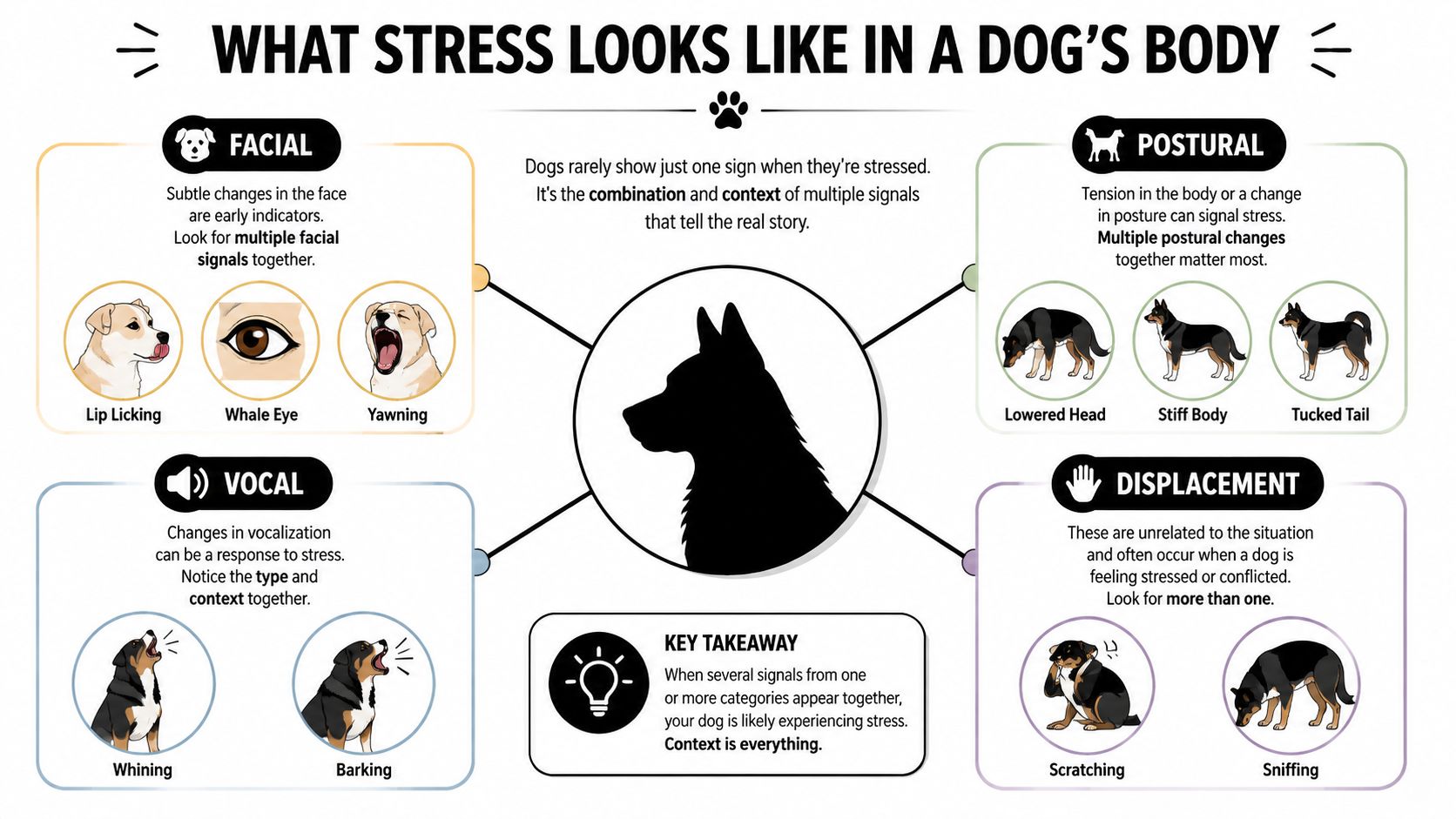 An infographic showing various physical and behavioral signs of stress in a dog's body language.
