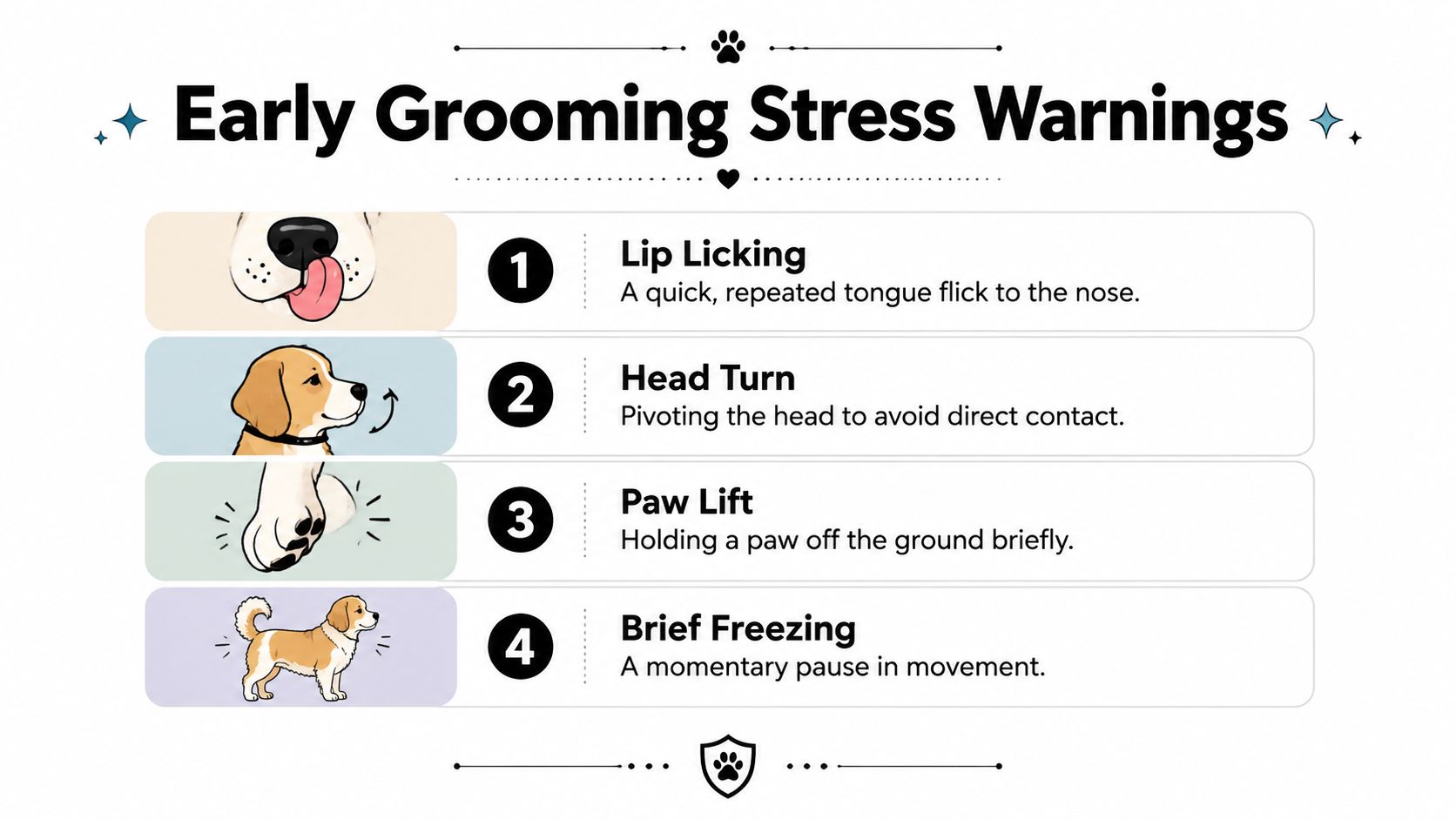 An infographic titled Early Grooming Stress Warnings featuring four numbered signs of dog anxiety, including lip licking and paw lifting.