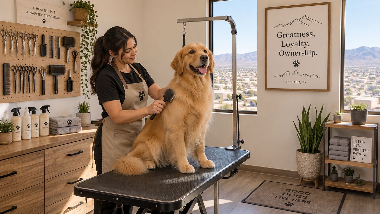 A professional dog groomer brushing a golden retriever on a grooming table in a modern pet spa.