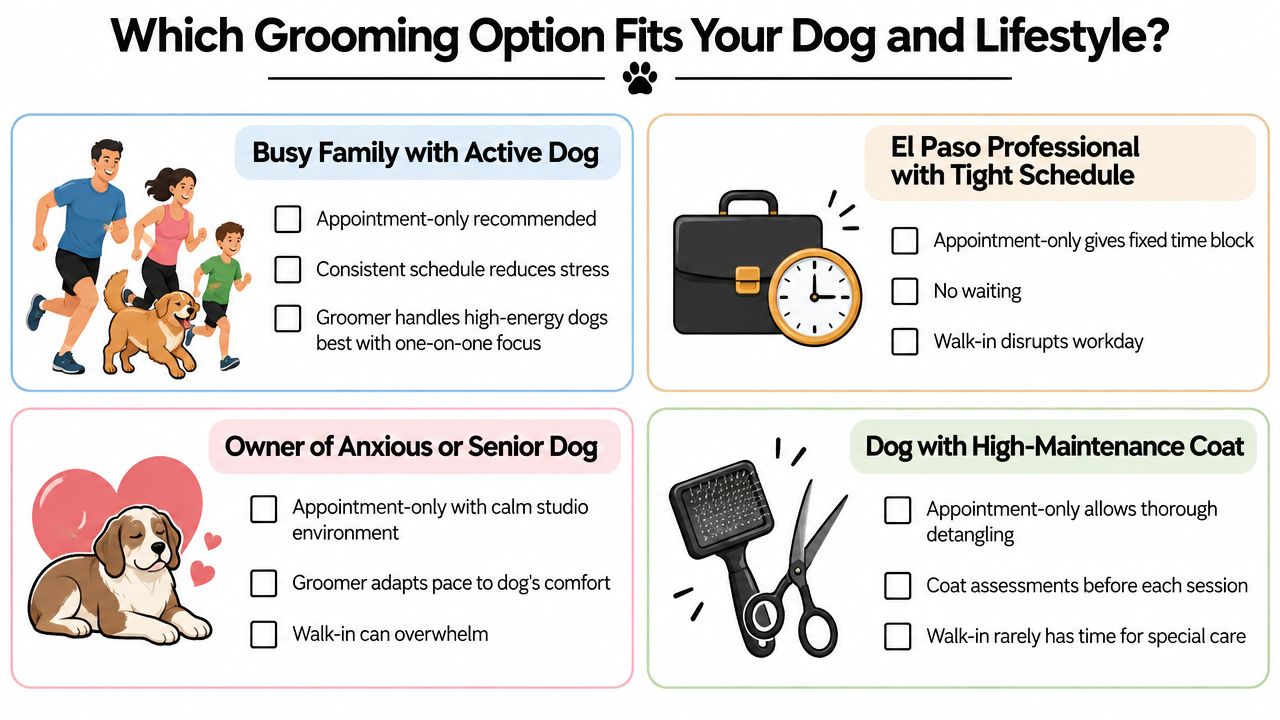 An infographic titled Which Grooming Option Fits Your Dog and Lifestyle illustrating four distinct pet owner profiles.