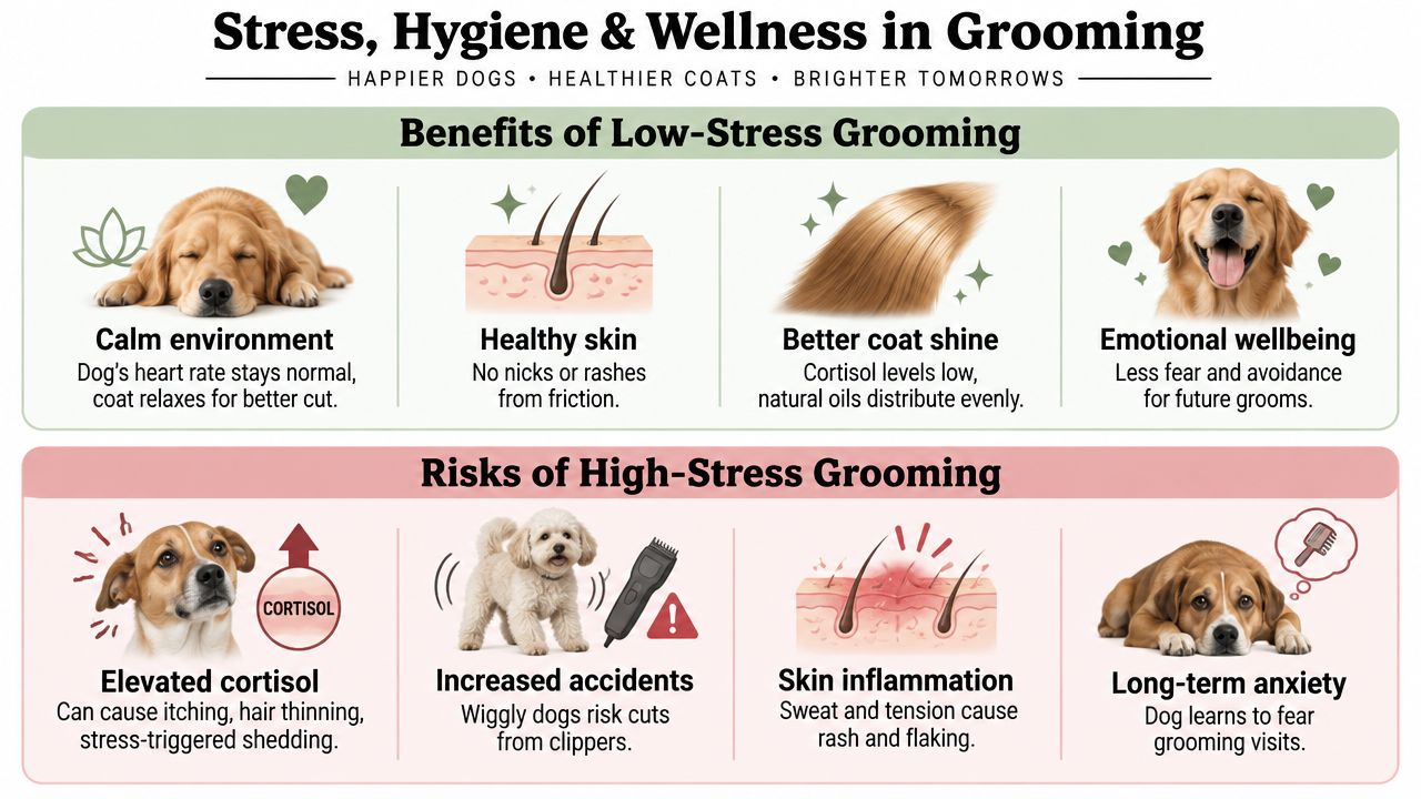 An infographic comparing the benefits of low-stress grooming versus the risks of high-stress grooming for dogs.