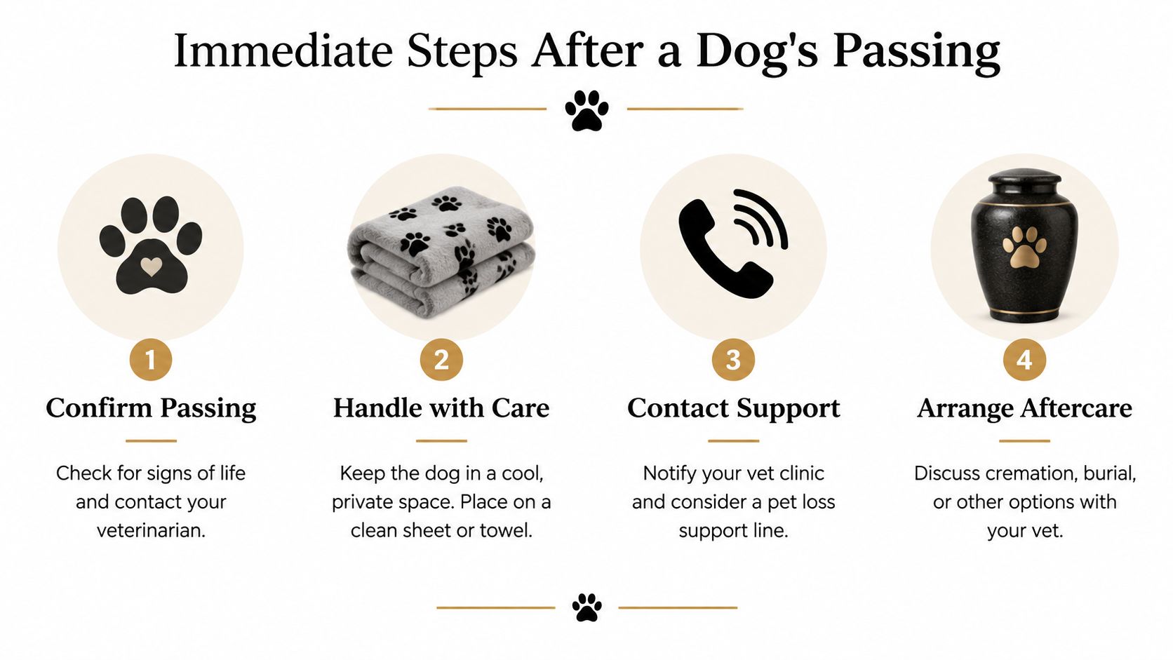 An infographic titled Immediate Steps After a Dog's Passing, outlining four essential steps for pet owners.