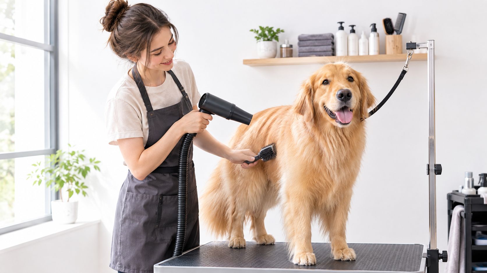 A professional dog groomer drying and brushing a happy golden retriever on a grooming table.