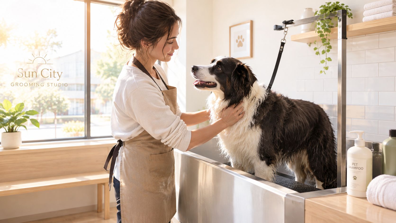 A professional groomer gently washing a dog in a modern grooming studio with natural sunlight.