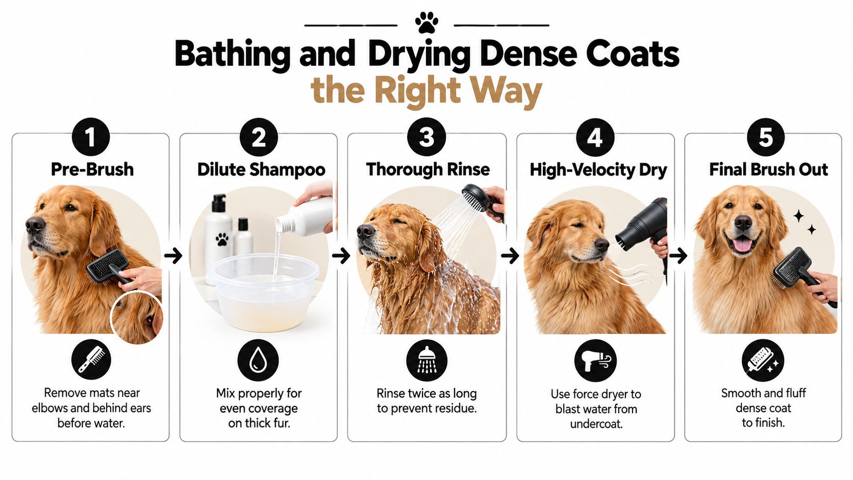 A five-step guide on how to properly bathe and dry a Golden Retriever with a dense coat.