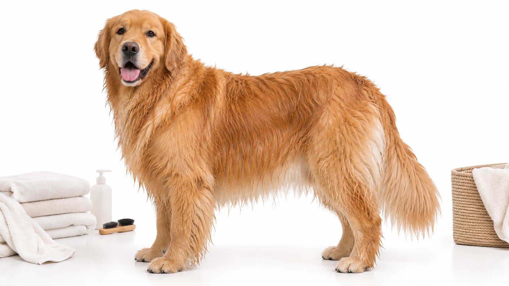 A wet golden retriever standing in a studio setting, surrounded by clean white towels and grooming supplies.