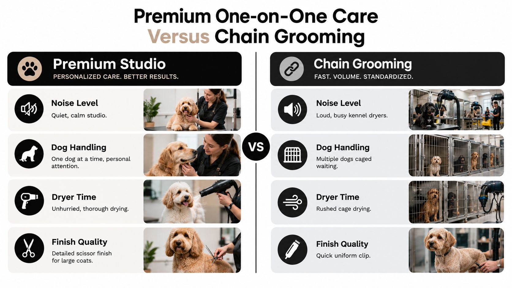 A comparison infographic between personalized premium pet studio grooming and high-volume, standardized chain dog grooming services.
