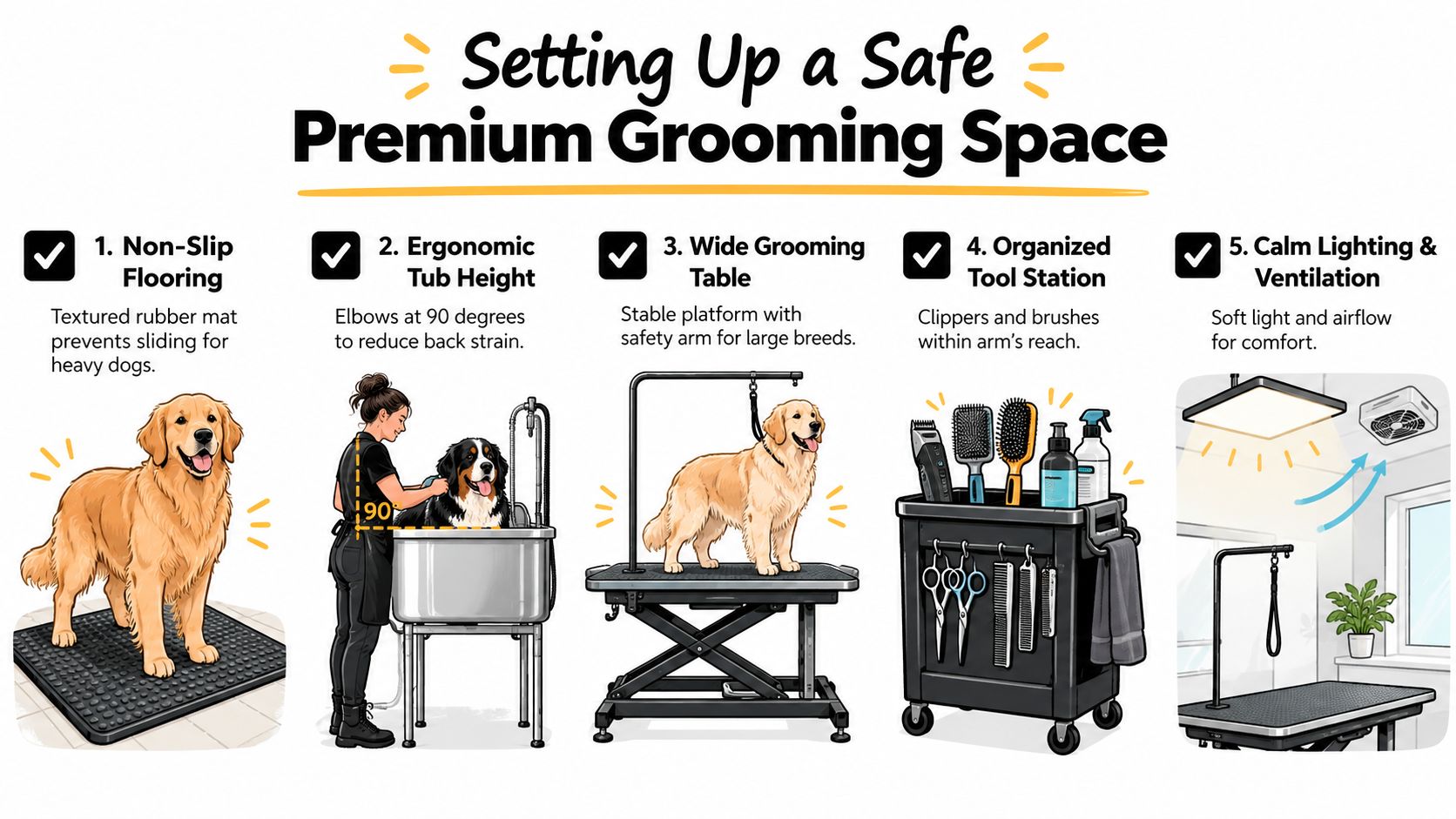 An infographic illustrating five safety tips for setting up a professional dog grooming space for large dogs.