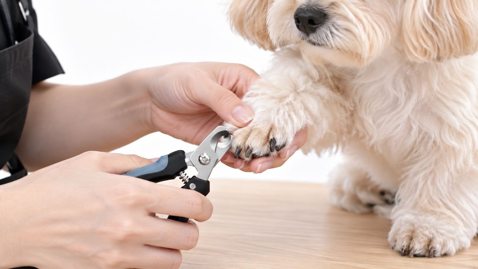 A professional groomer carefully trims the nails of a small fluffy dog with a pair of clippers.
