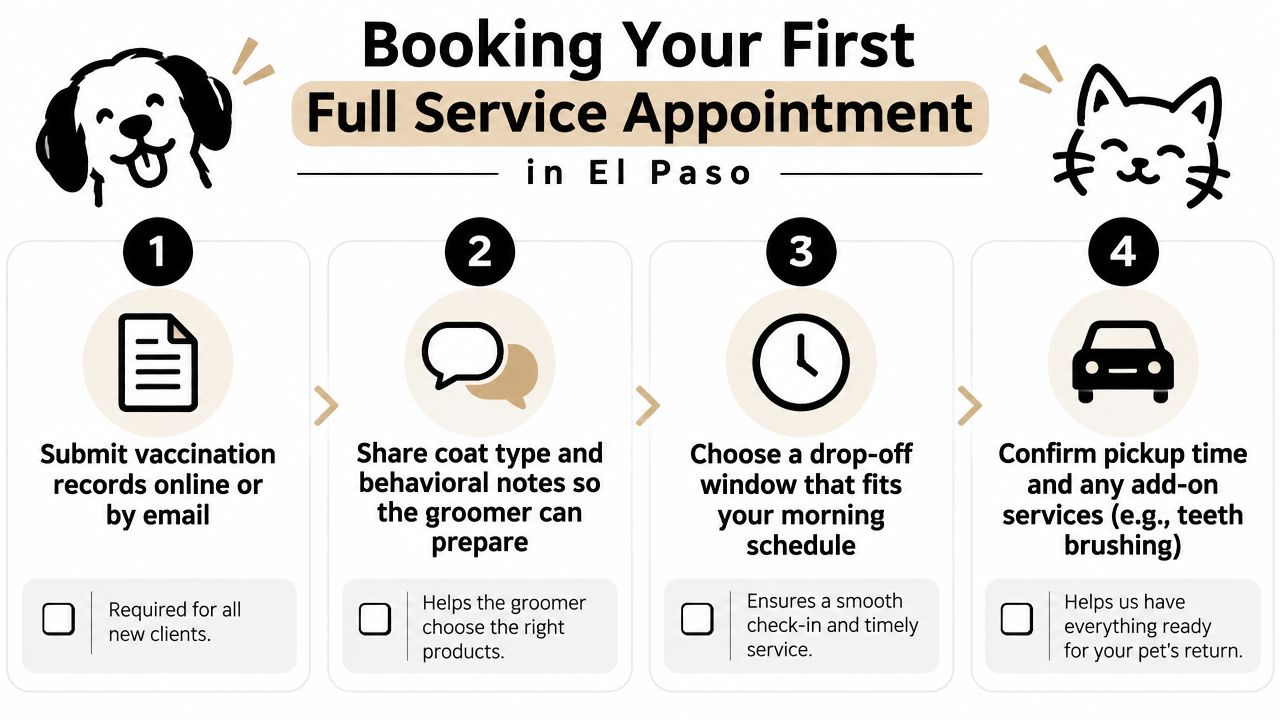 An infographic showing four simple steps to book your first full service pet grooming appointment in El Paso.