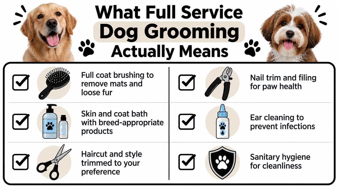 A graphic illustration detailing the essential services included in a full service dog grooming package for pets.