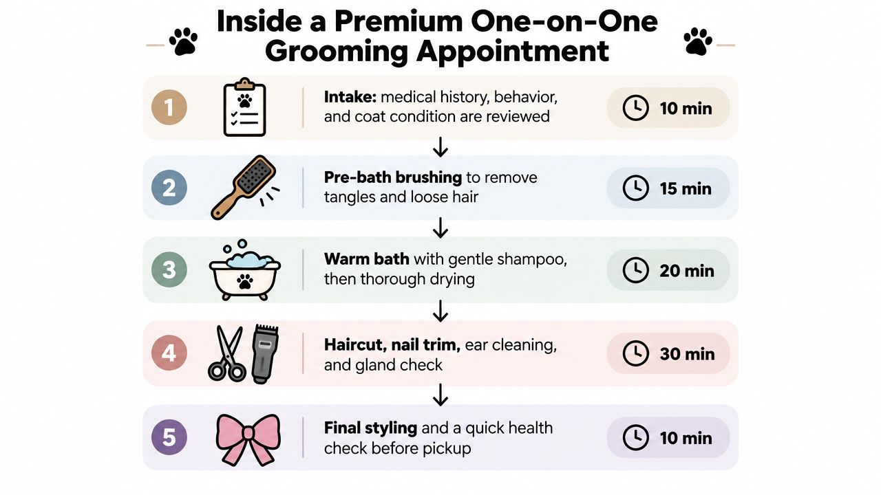 A step-by-step infographic illustrating the five stages of a premium one-on-one dog grooming appointment process.
