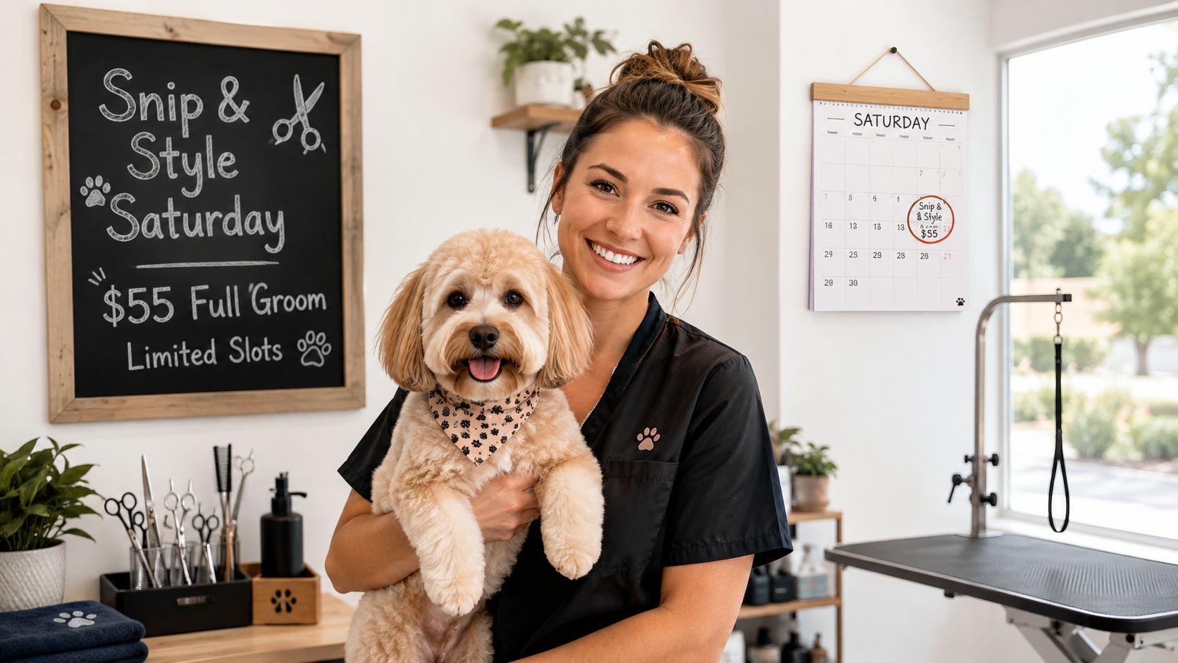 A professional dog groomer smiles while holding a fluffy dog in her well-organized grooming salon workspace.