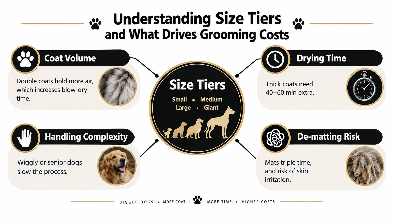 An infographic explaining the factors that influence dog grooming costs, such as size, coat volume, and temperament.