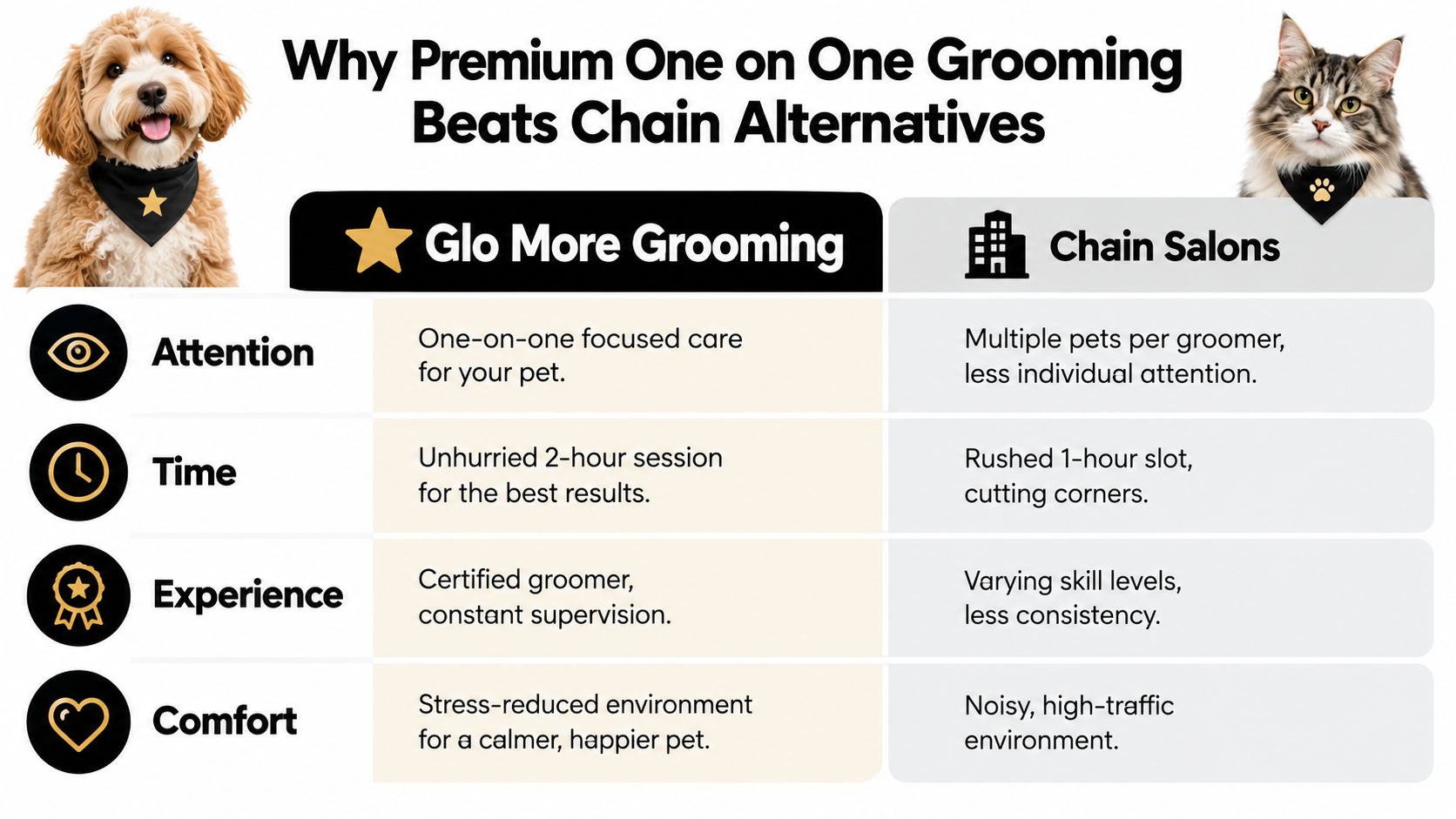 A comparison chart showing benefits of personalized grooming over chain salons for pets in English text.