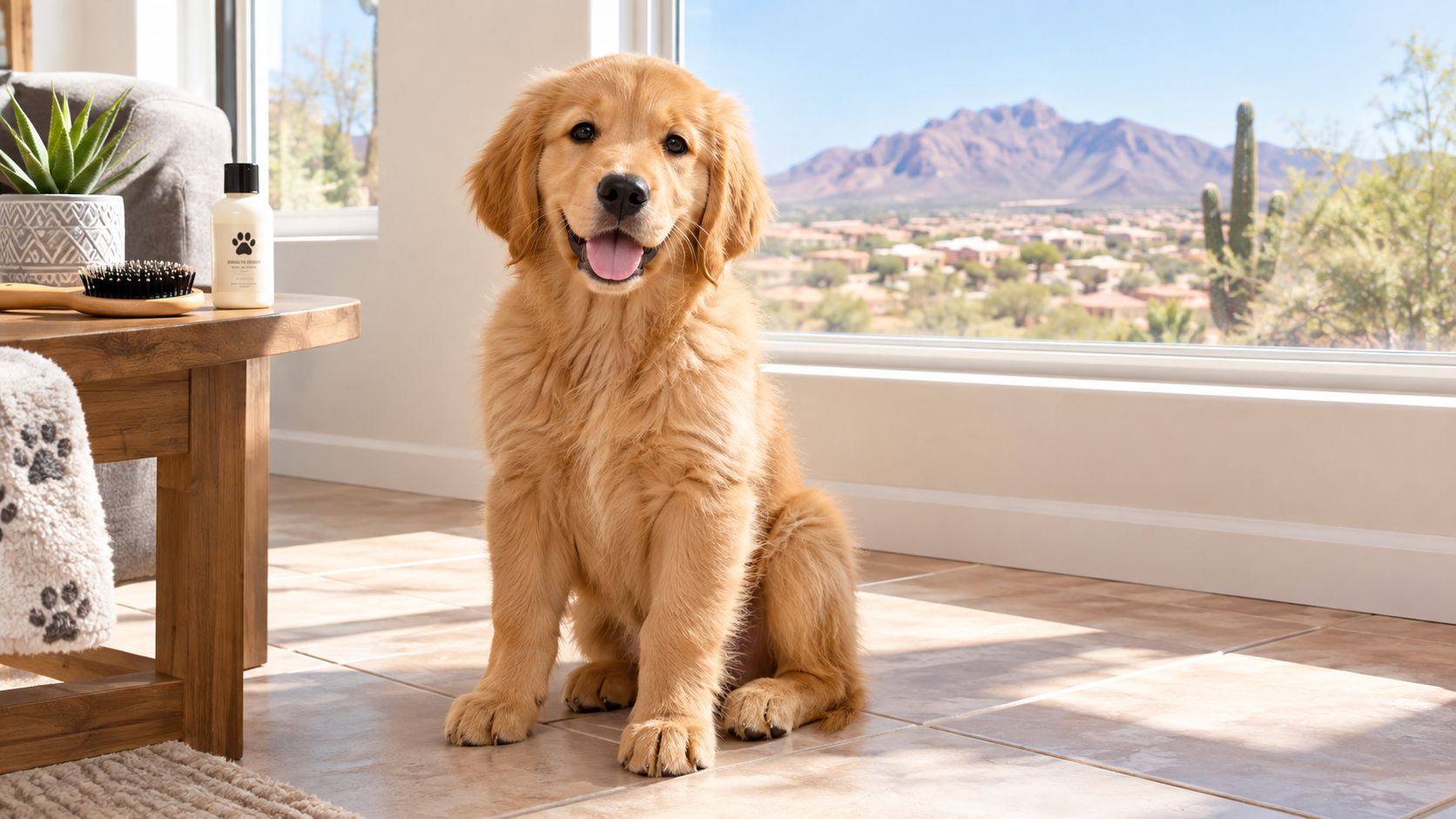 A happy golden retriever puppy sitting on a tiled floor near a grooming bottle and brush.